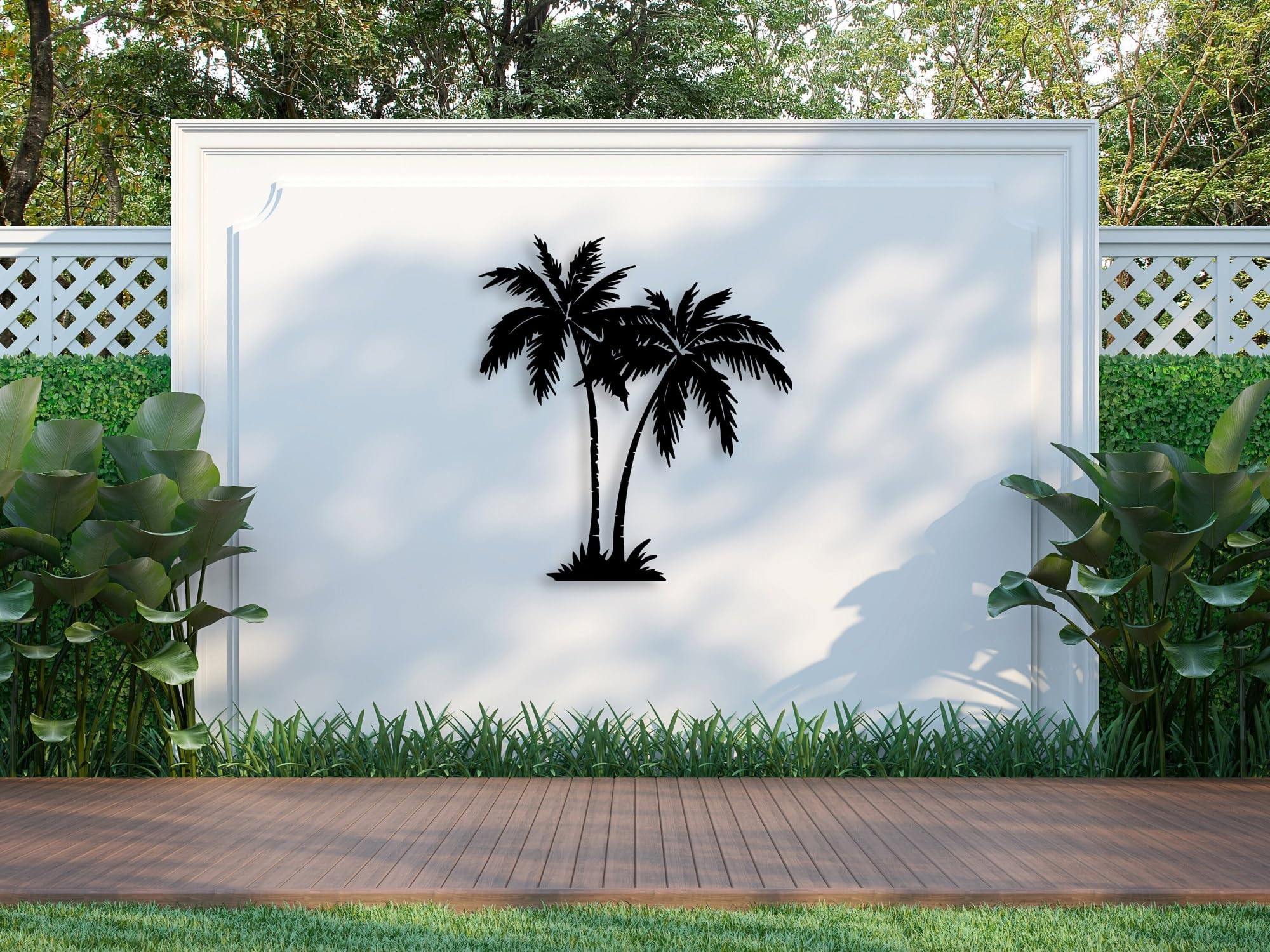 Decoración de pared abstracta contemporánea de metal con palmera tropical - Arte costero para casa de playa, exterior/interior. Letrero rústico para colgar plantas en el patio, junto a la piscina