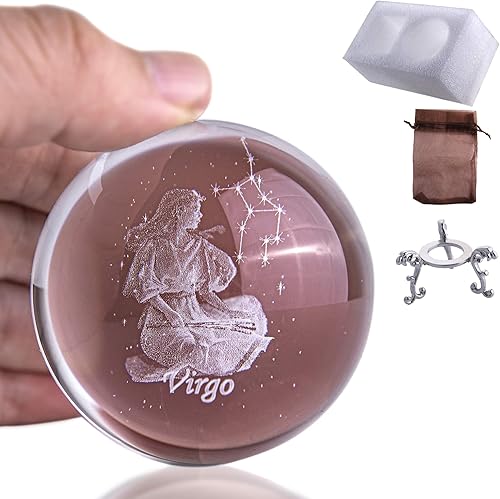 Miniatura 8 de Bola de constelación de talla interna 3D Pisapapeles de cristal Esfera llena de cristal Fengshui con soporte de floración plateado en astilla (Virgo)