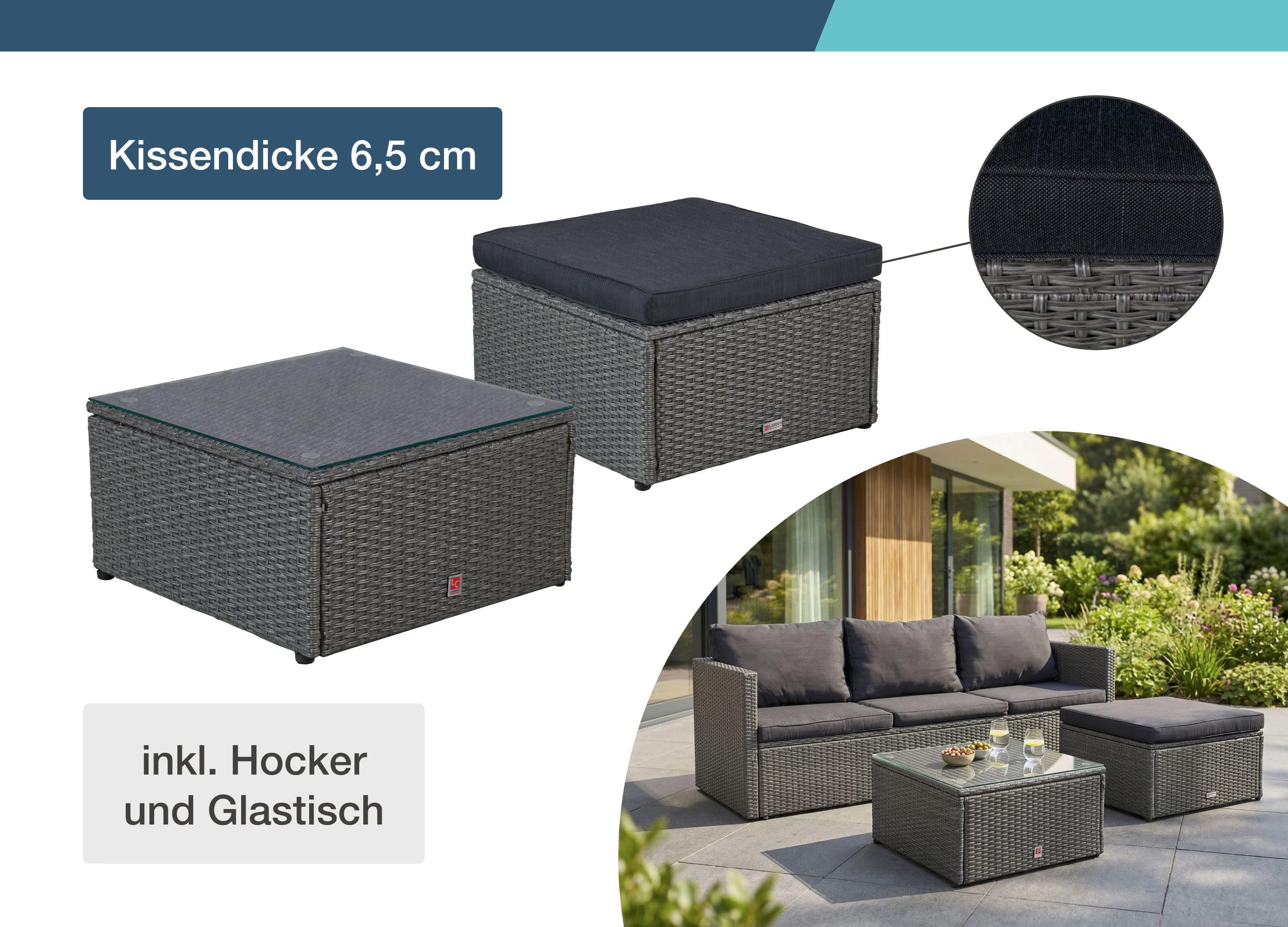 LC Garden Loungino Polyrattan Lounge grau-Mix für 3-4 Personen, Balkonmöbel Sitzgruppe mit Tisch + Hocker, Gartenlounge, Ecksofa für Balkon + Terrasse