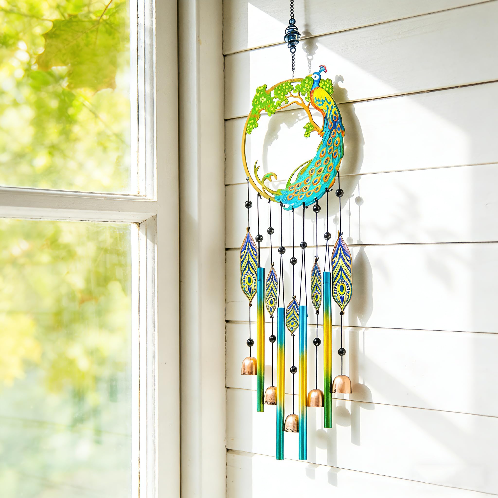Peacock Dream Catchers Windchimes with Copper Bells 28" Peacock Wind Chimes for Outside Compose‌ Zen Atmosphere Suitable for Outdoor, Garden, Unique