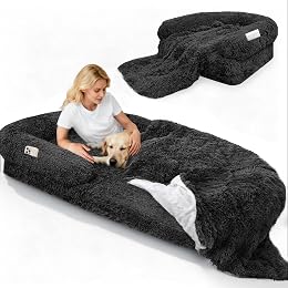ROOMTEC Foldable Human Dog Bed,71"x 38"x 9" Orthopedic Memory Foam Giant Bed Fits Adult and Pet Waterproof Washable 10 CM Thick 2 in 1 Flexible Oversize Pet Couch Sofa with Blanket,Pocket- Black
