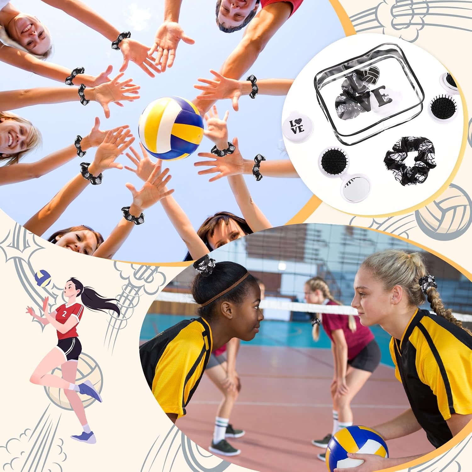 Yungyan 36 Pcs Volleyball Gifts 12 Volleyball Makeup Bag for Women Party Favors Team Gifts with 12 Sport Hair Scrunchies 12 Round Portable Folding Brush