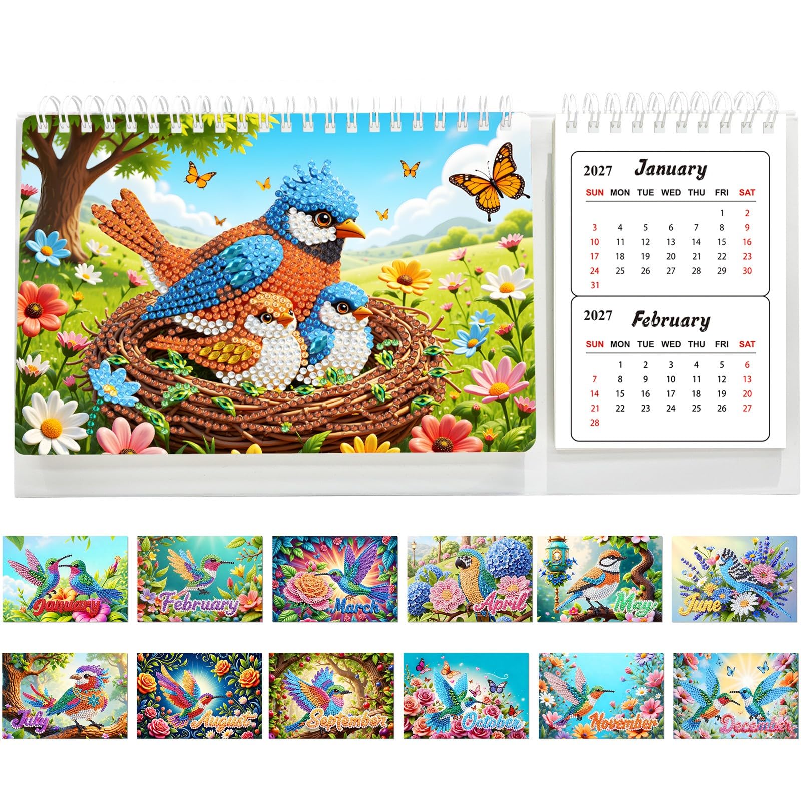 Lebartm DIY Diamond Art Desk Calendar for Adults Beginners 2027 to 2028 Two Year Gemstone Painting Art Crafts 24 Month Flipping Standing Calendar Home Office Planning-Bird