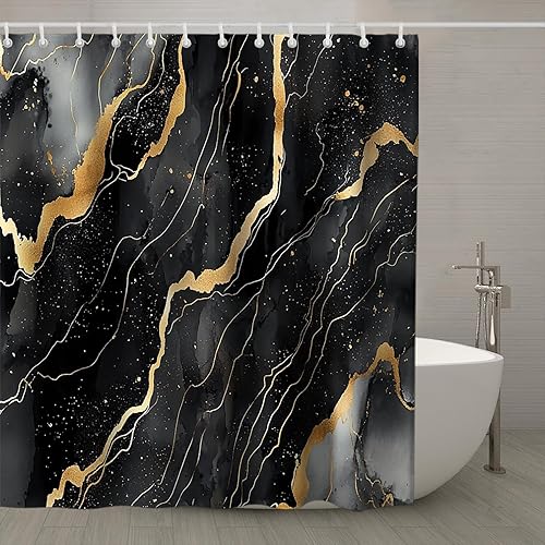 Miniatura 2 de TheBlackSpot Cortina de ducha de mármol negro con purpurina de textura de lujo para baño, tela abstracta moderna, impermeable, accesorios de baño