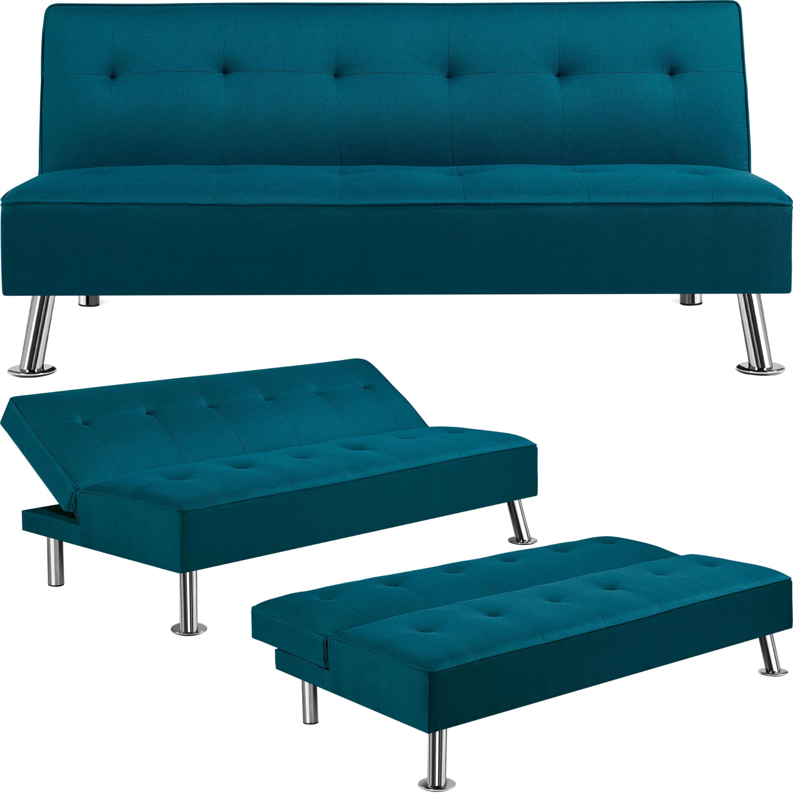 Yaheetech Divano Letto Reclinabile con Seduta Imbottita Convertibile in Letto 105° - 180° Mobile Regolabile da Soggiorno Salotto Stanza Ospiti Arredamento per Riposo Blu Acqua/Tessuto