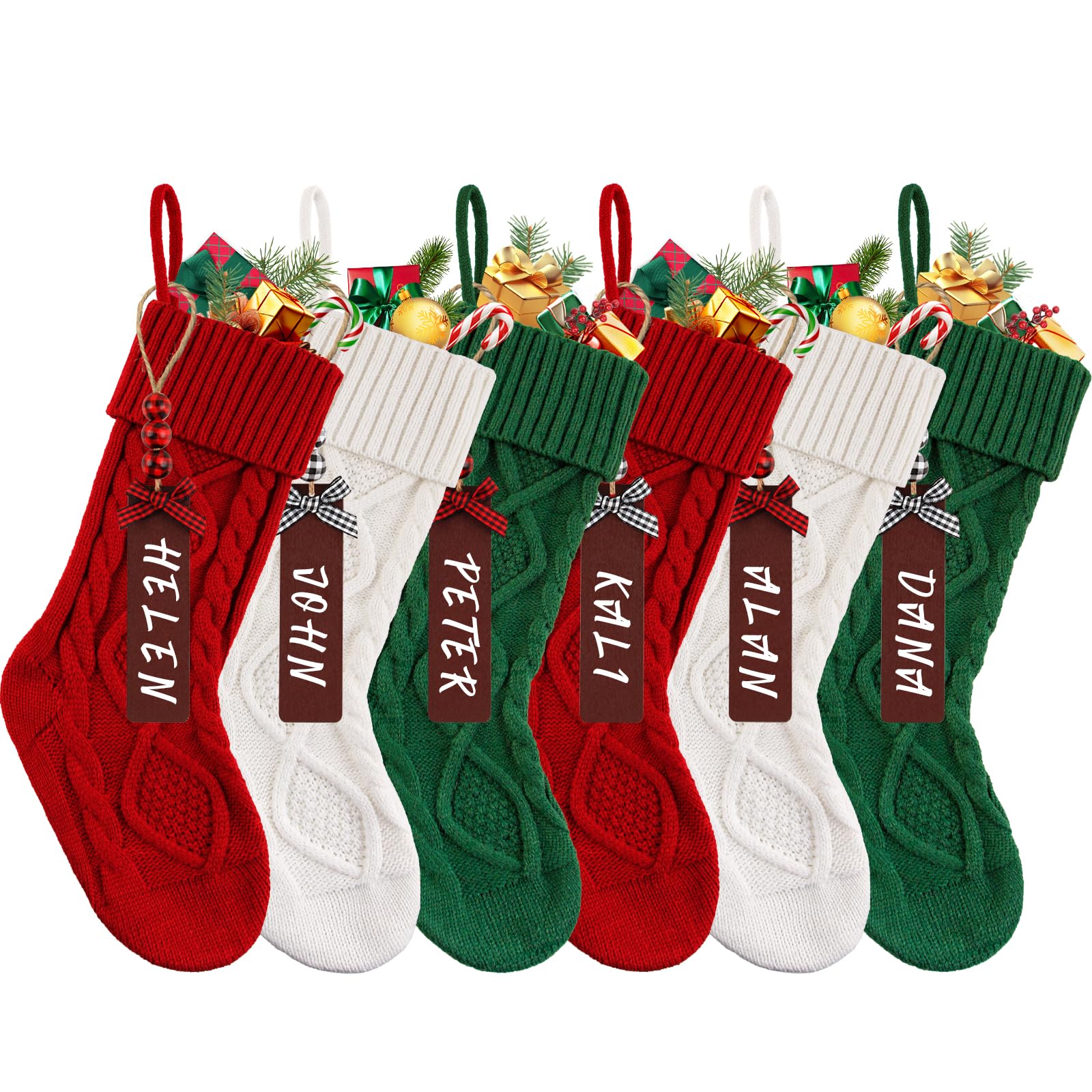 Lot de 6 chaussettes de Noël en tricot torsadé avec étiquettes nominatives pour les fêtes, Noël, décoration familiale (rouge, blanc, vert) - 45,7 cm