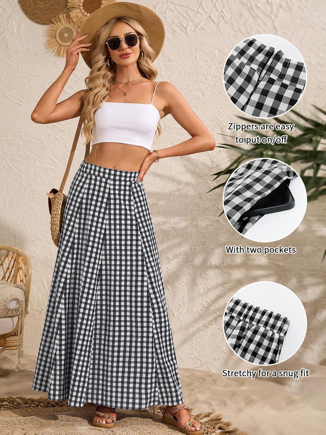 HOUZONIY Womens Plaid Gingham Maxi Skirt Elastic Waist Pleated Flared A Line Swing Summer Pull On Long Skirts with Pockets