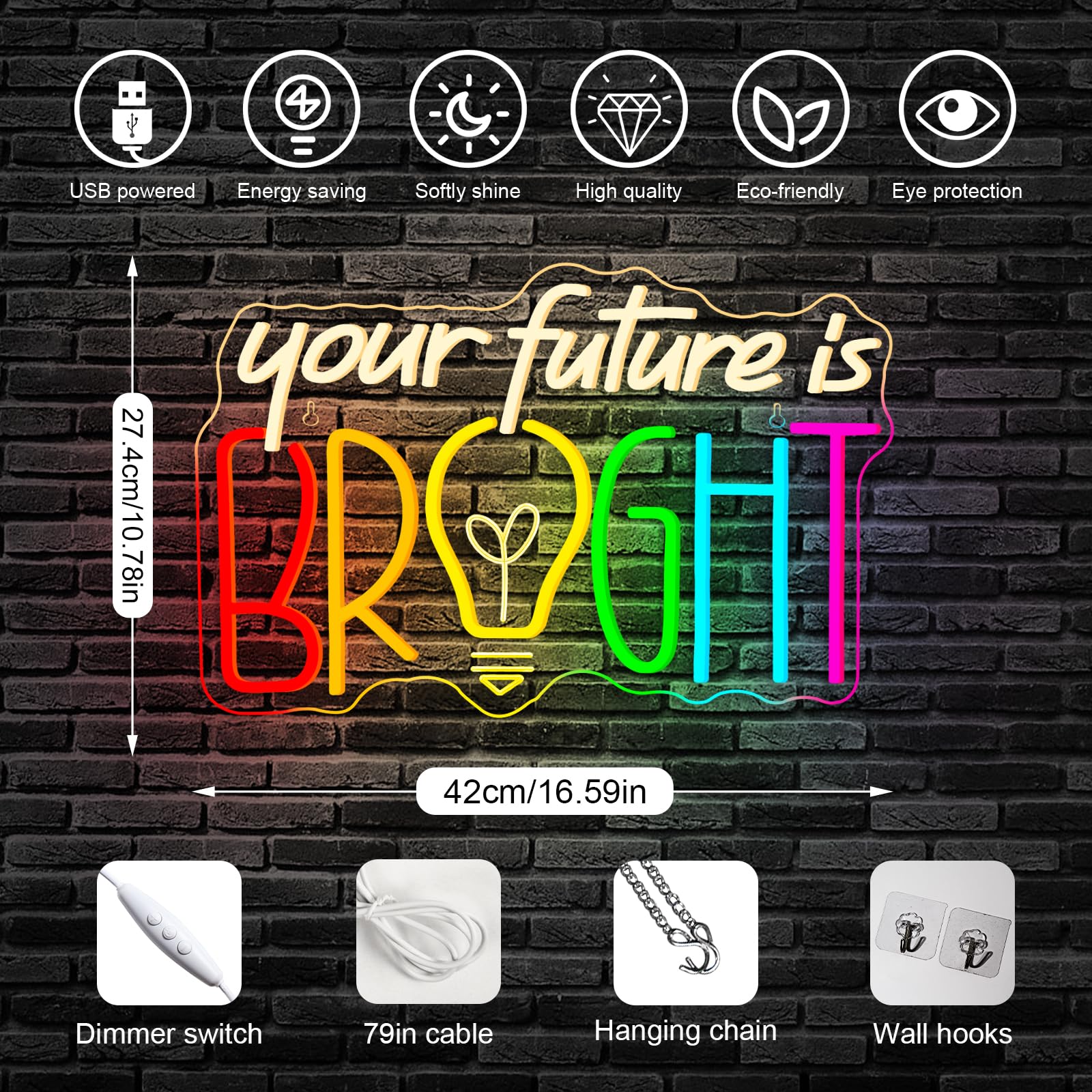 Horseneon Your Future Is Bright - Insegna al neon motivazionale per studenti, decorazione da parete a LED per scuole, regali per insegnanti e aree di studio, alimentata tramite USB con luminosità