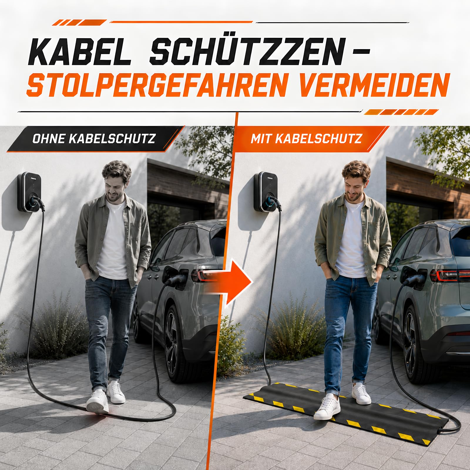 Kabelmatte 1m, Kabelkanal überfahrbar für Elektroauto Ladekabel Typ 2 – Robuster Flacher Stoplerschutz für den Außeneinsatz - Antirutsch Kabelbrücke Boden