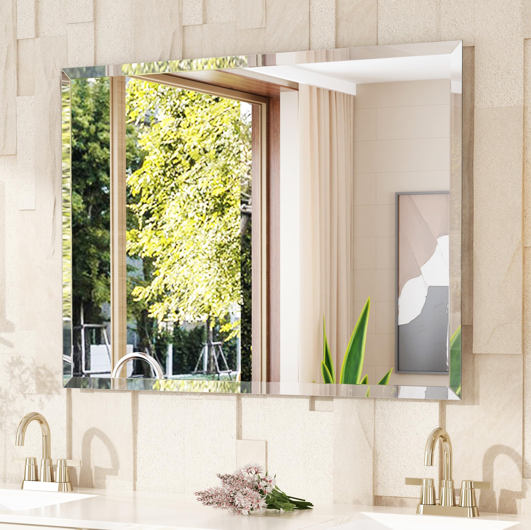 Photo 1 of VocalStar Frameless Bathroom Mirror, 48" x 36" Rectangle Wall Mirror with Beveled Edge, Modern Decorative Vanity Mirrored for Living Room, Entryway, Bedroom | 1/4-Inch Shatterproof Glass