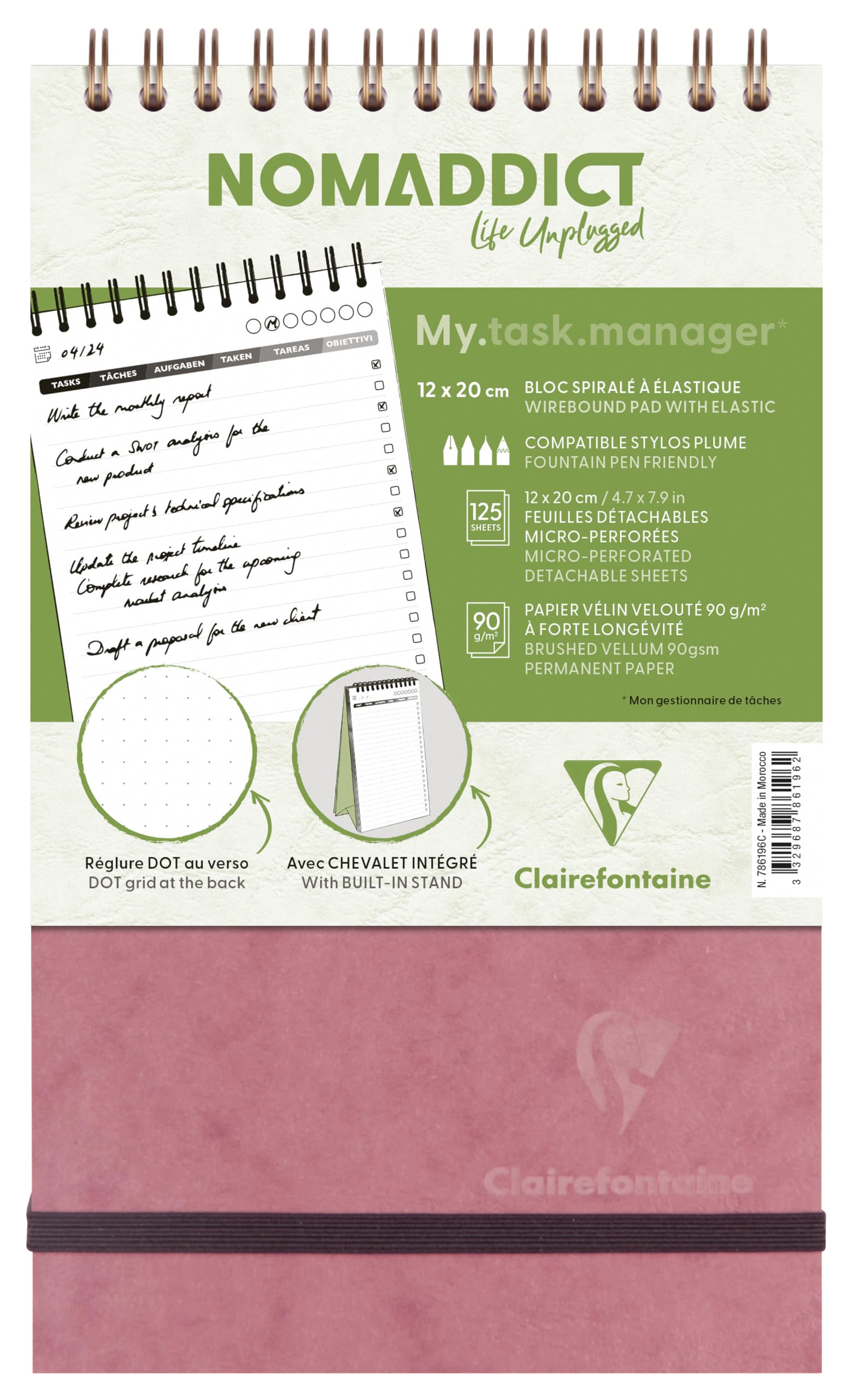 Clairefontaine 786196C Collection Age Bag My.taskmanager Antique Pink Spiral Pad w/ Built-in Easel 14,8x21cm 250 Pages DOT White Paper 90g Cover Glossy Leather โ image 1