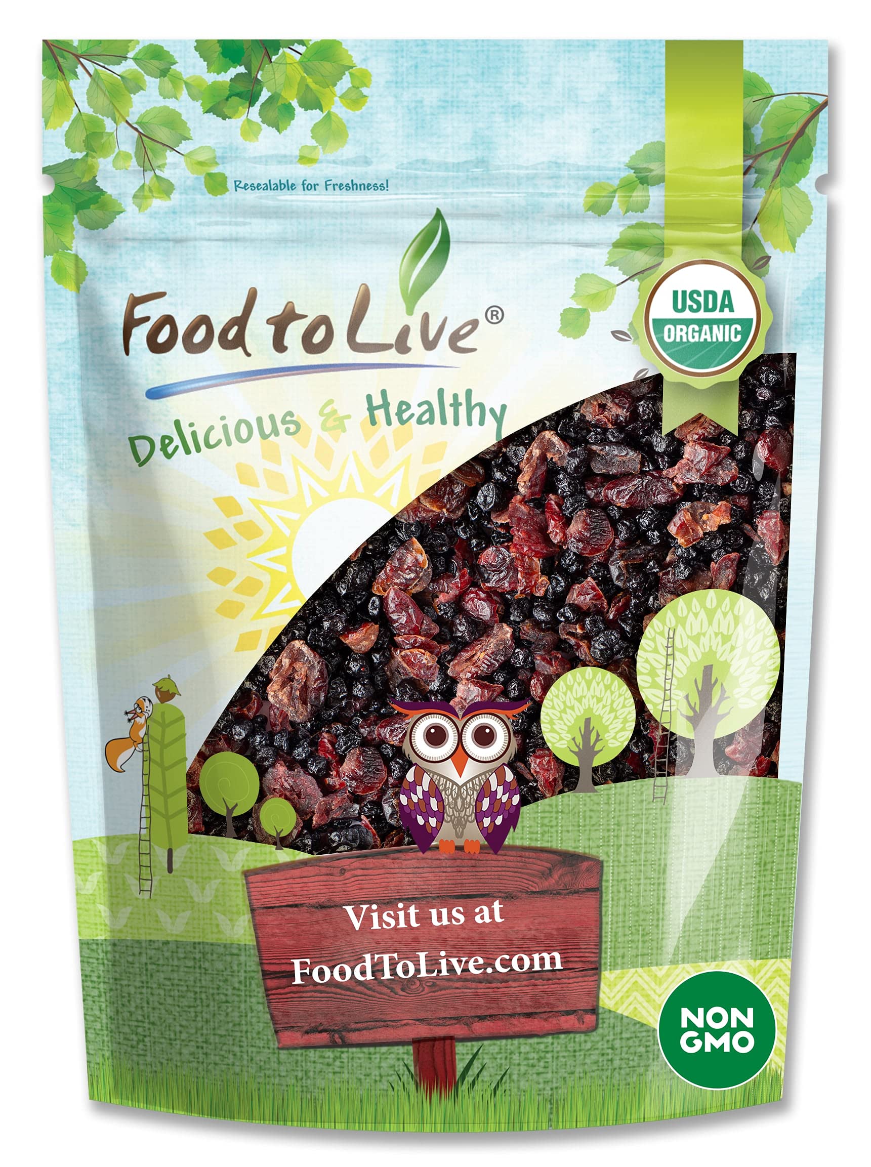 Food to Live Organic Essential Berries Mix, 1.5 Pounds, Non-GMO Dried Blueberries and Cranberries. Unsulfured, Kosher. Gently sweetened. Lightly Coated with Organic Sunflower Oil. Vegan, Bulk