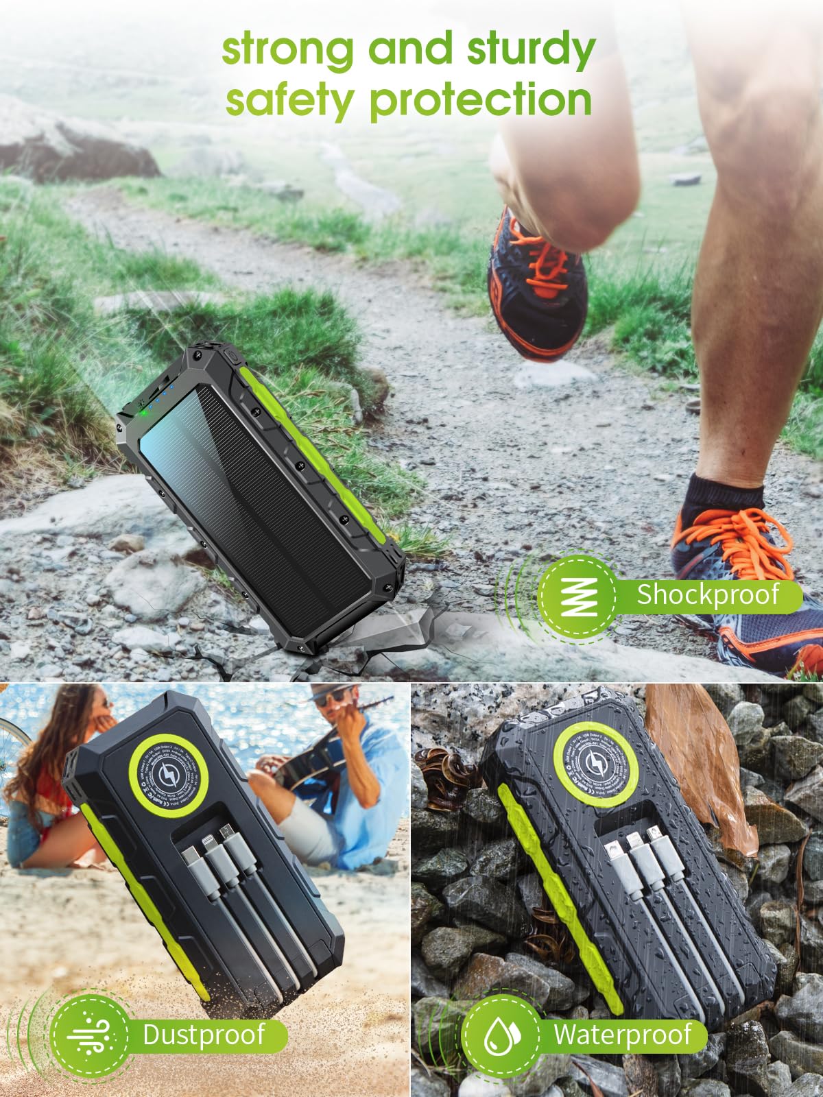 52800mAh Batterie Externe Power Bank 30W PD Charge Rapide Batterie Solaire avec 3 Câble Intégré,7 Sorties & 2 Entrées,USB C Chargeur Rapide Portable avec Lampe de Poche|Affichage LED pour Téléphone