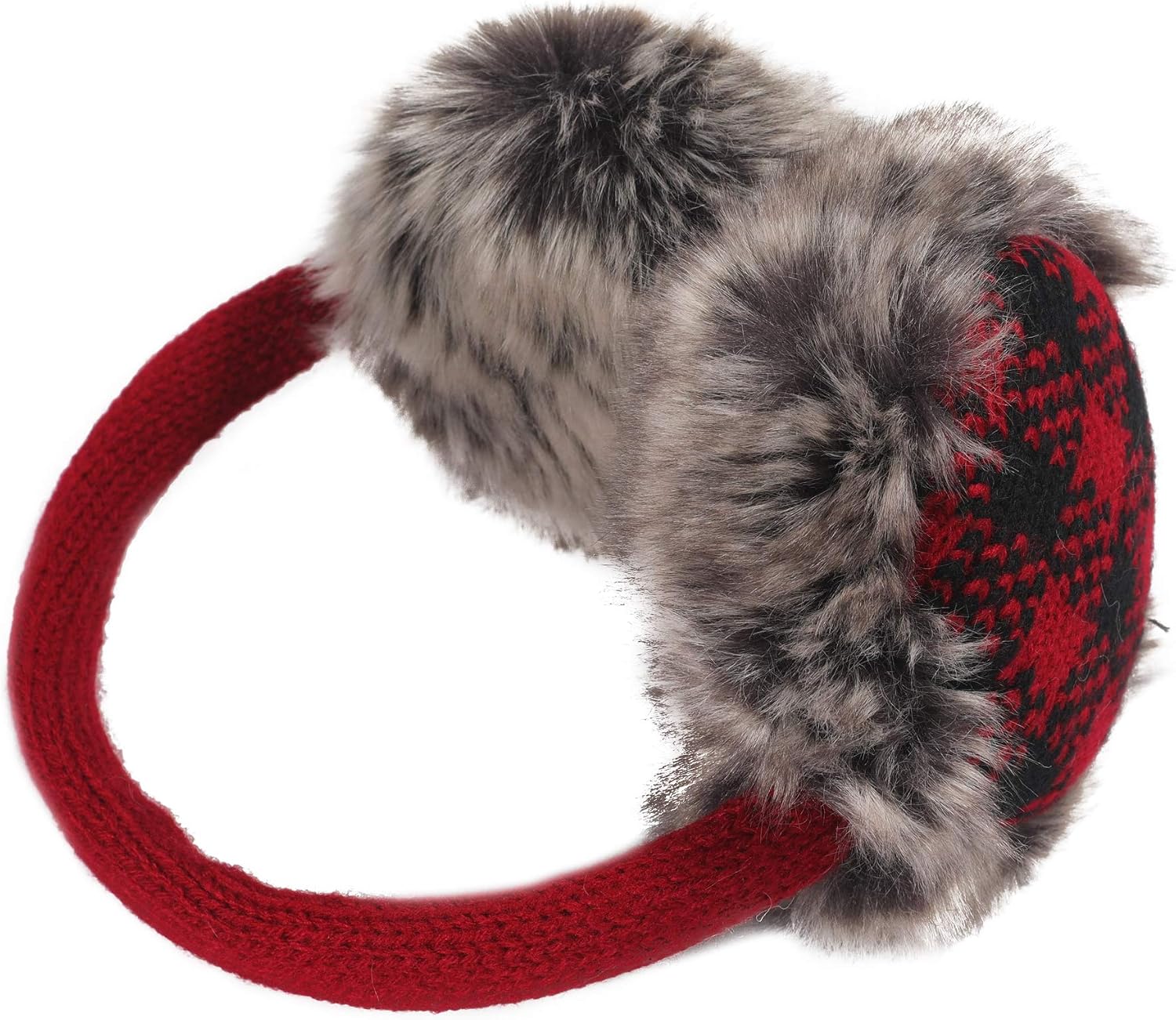 ZLYC Winter Faux Fur Adjustable Earmuffs Cute Knit Fuzzy Ear Muffs for Women Girls (Plaid Red)