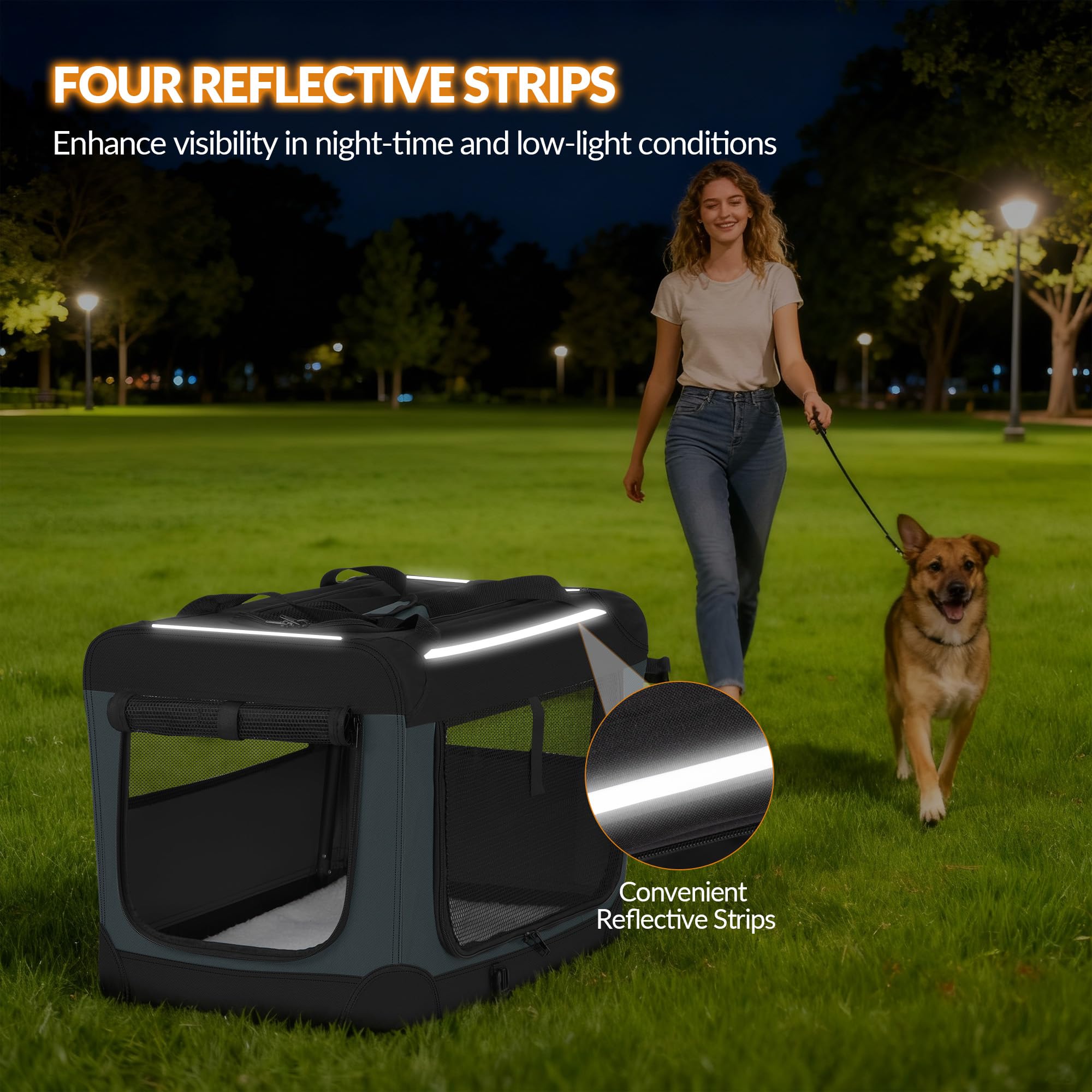 Transportín para Perros a 3 Puertas, 76,2 x 53,4 x 53,4cm, Gris | Transportín Portátil y Transpirable para Mascotas, Ribetes Reflectantes y Bolsillo Tasca, Uso en Interiores y Exteriores