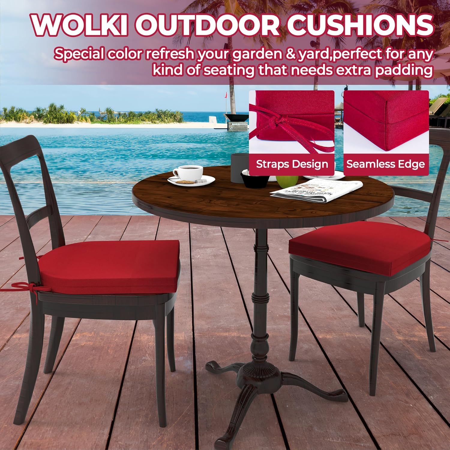 WOLKI Outdoor Cushions for Patio Furniture Set of 4, 17 x 16 x 2 Waterproof Seat Cushions Thick Chair Pads for Garden, Patio, Dining Wine Red (Round Corner)