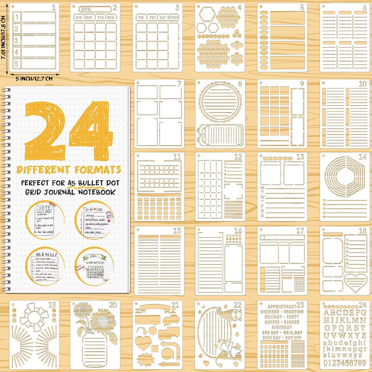 Zonon 24 Pieces Journal Stencil Set Plastic Planner Journaling Stencils Ultimate Productivity DIY Templates to Create Calendars Schedule for A5 Journal Scrapbooking Notebook(Retro Style)