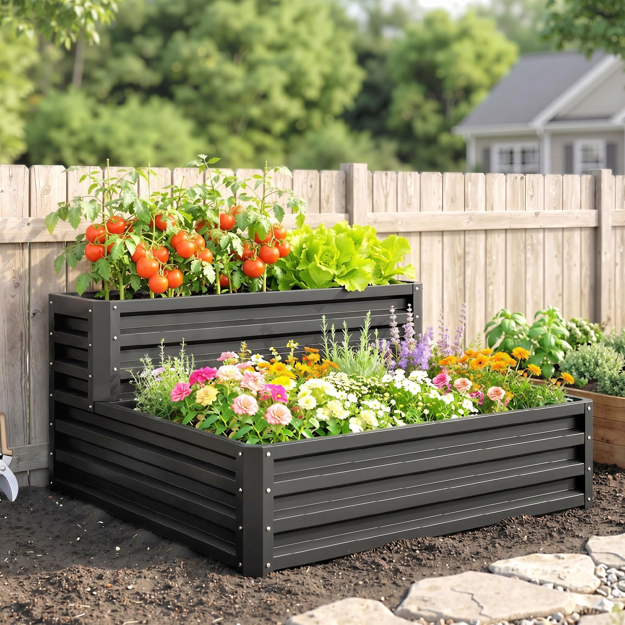 Outsunny Carré Potager de Jardin jardinière en Acier galvanisé lit de Jardin surélevé Fond Ouvert 2 étages pour Herbes légumes Fruits Fleurs 120 x 101 x 58 cm Gris foncé