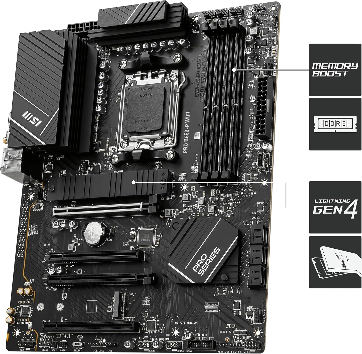 MSI PRO B650-P WiFi AMD AM5 ATX Motherboard, 4X DDR5~128GB, 1x PCI-E x16, 2X M.2, 6X SATA, 8X USB 3.2, 1x USB Type C