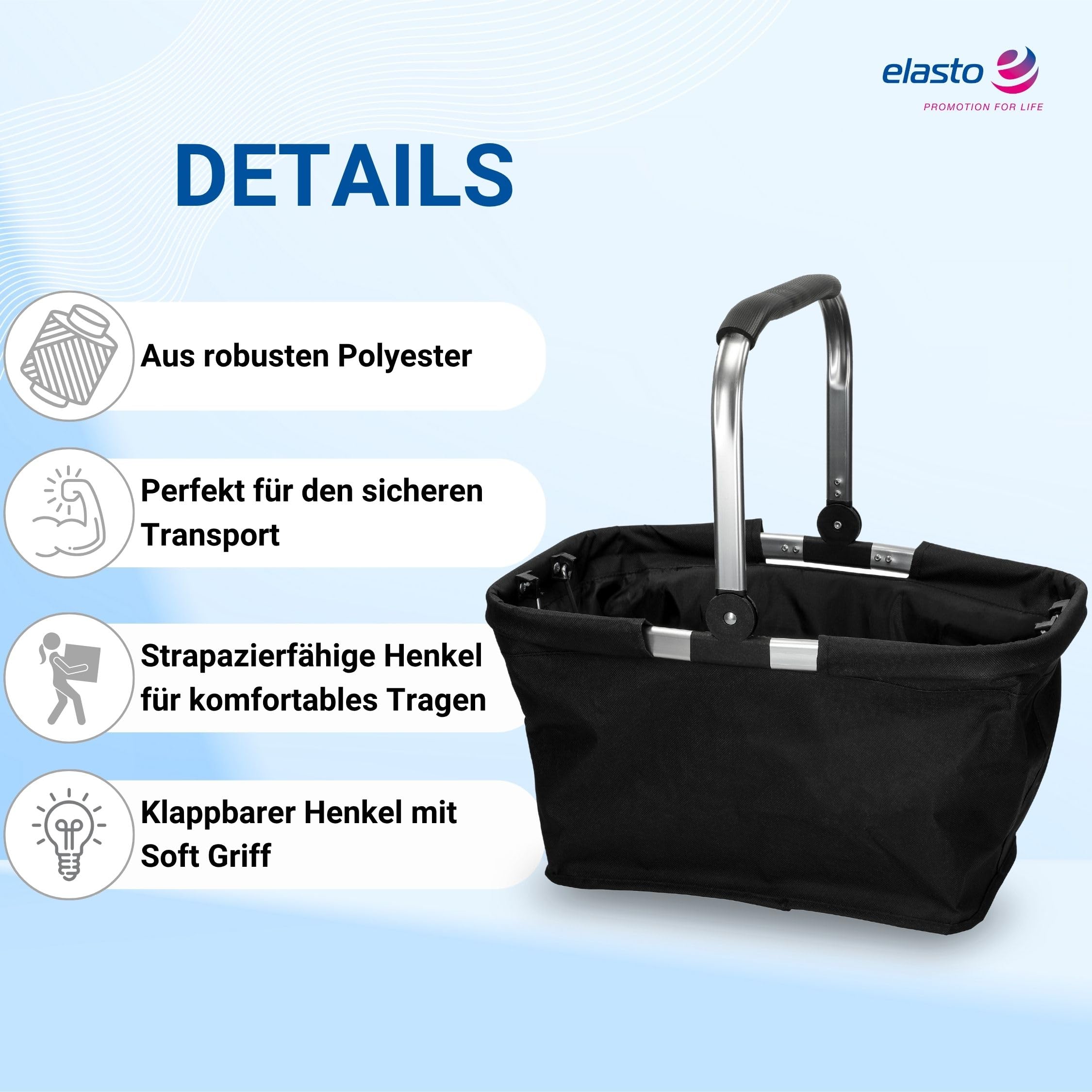 Einkaufskorb faltbar 30L mit Aluminiumrahmen - für Einkäufe und Ausflüge | 30L, faltbar, Aluminiumrahmen, Henkel, Einkaufstasche, Ausflug, Strand, stabil, platzsparend, Korb