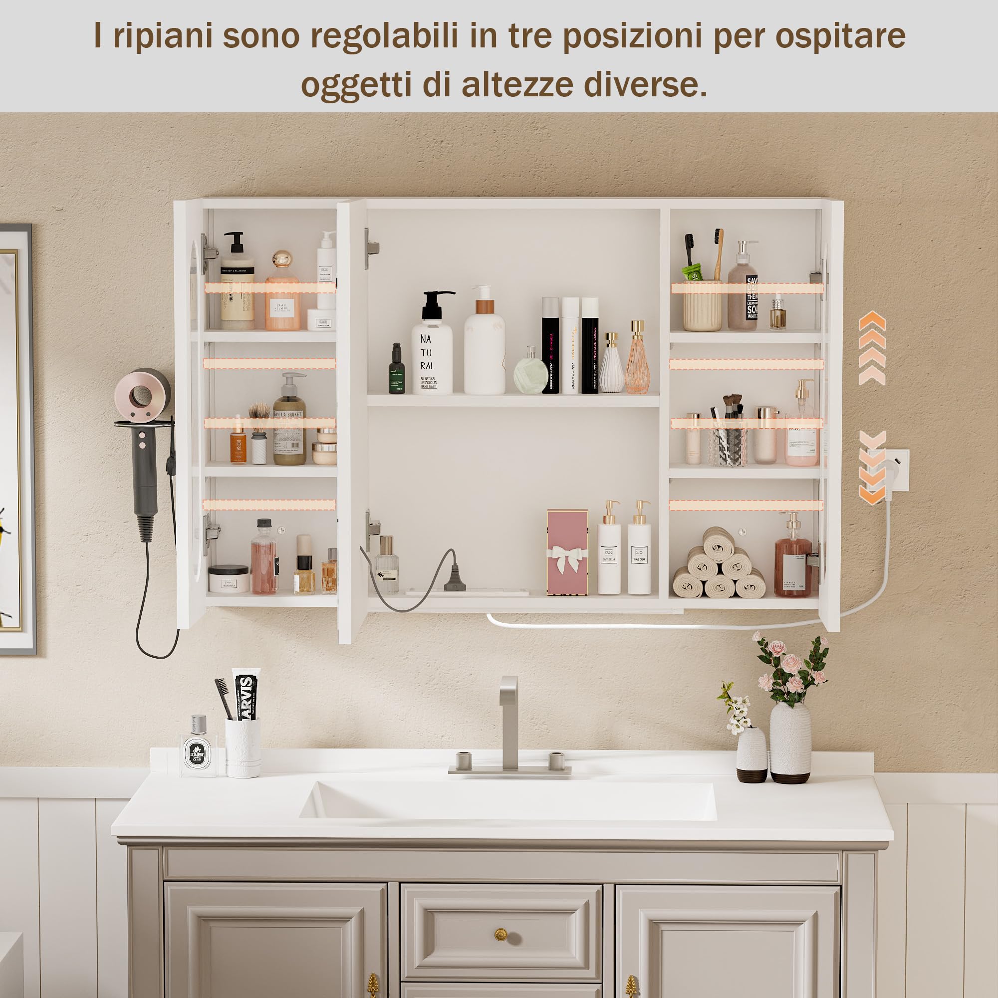Specchio Bagno Contenitore con illuminazione e Antiappannamento Armadietto Bagno a Parete con Presa (2*AC + 3*USB) e 3 vani portaoggetti indipendenti per il Bagno 100 * 65 * 16 cm