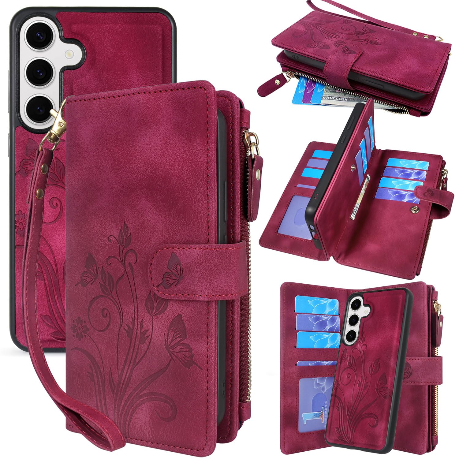 Lacass Case Wallet for Samsung Galaxy S25+ Plus, [12 Card Slots] ID Credit Cash Holder Zipper Pocket Detachable Leather Wallet Cover with Wrist Strap