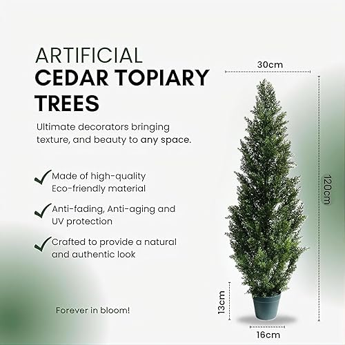 Miniatura 2 de 4 Feet Outdoor Artificial Topiary Cedar Tree, Set of 2 UV Resistant Potted Faux Cedar Trees for Outdoors and Indoors, Decorative Fake Shrubs Topiary