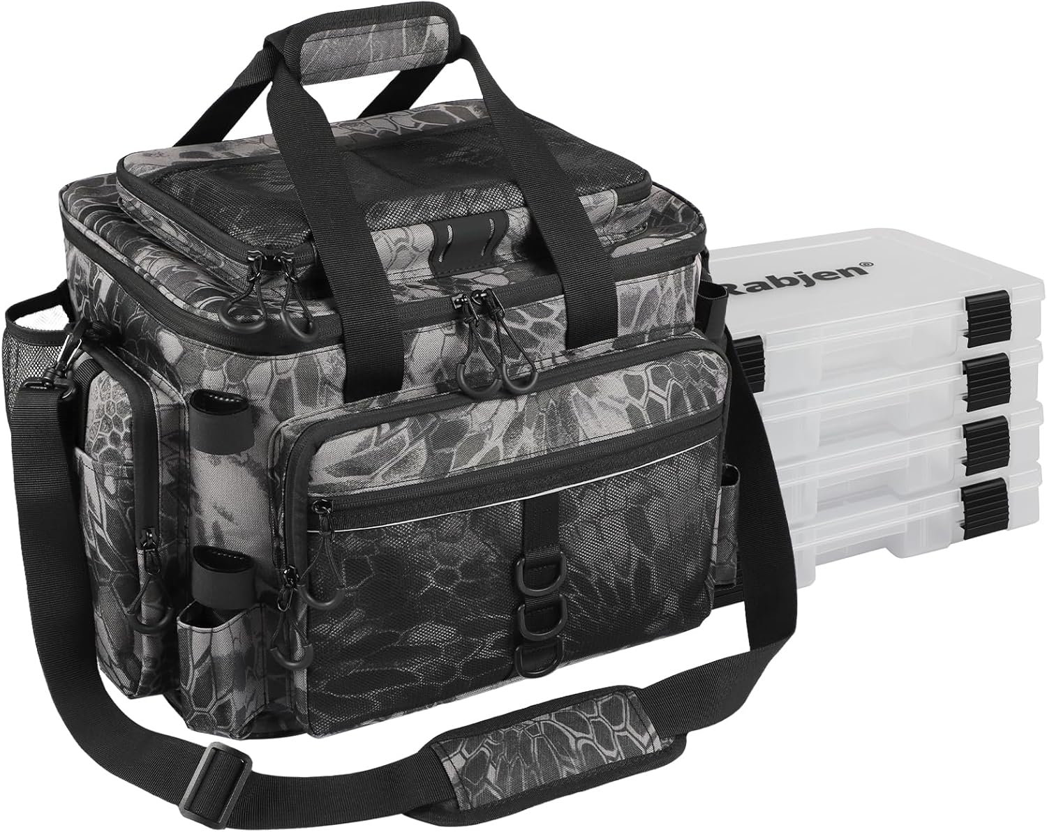 Rabjen Fishing Tackle Bag with Rod Holders & Cooler Main Compartment – Large Capacity Fishing Bag for Organized Gear Storage