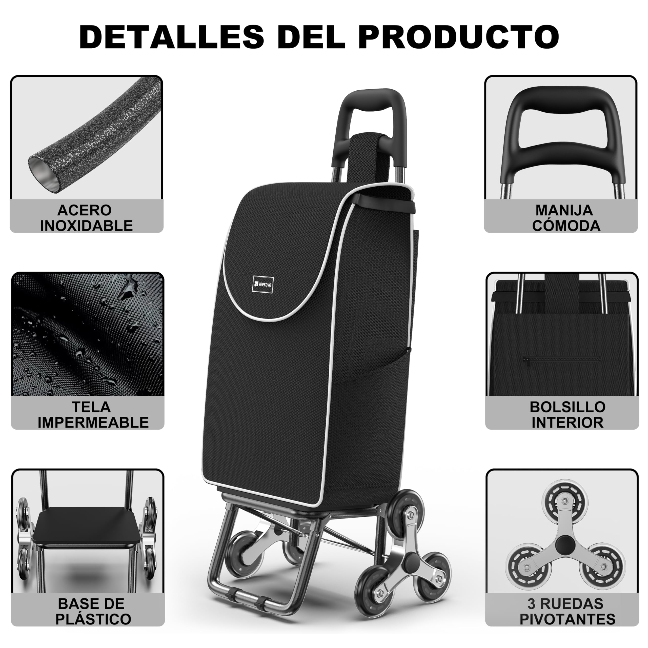 Carrito de Compras para comestibles,Carrito de comestibles Plegable Ligero con Capacidad de 56L,con 6 Ruedas para Subir Escaleras,Bolsa Oxford Desmontable (Negro, 2 Pieza)