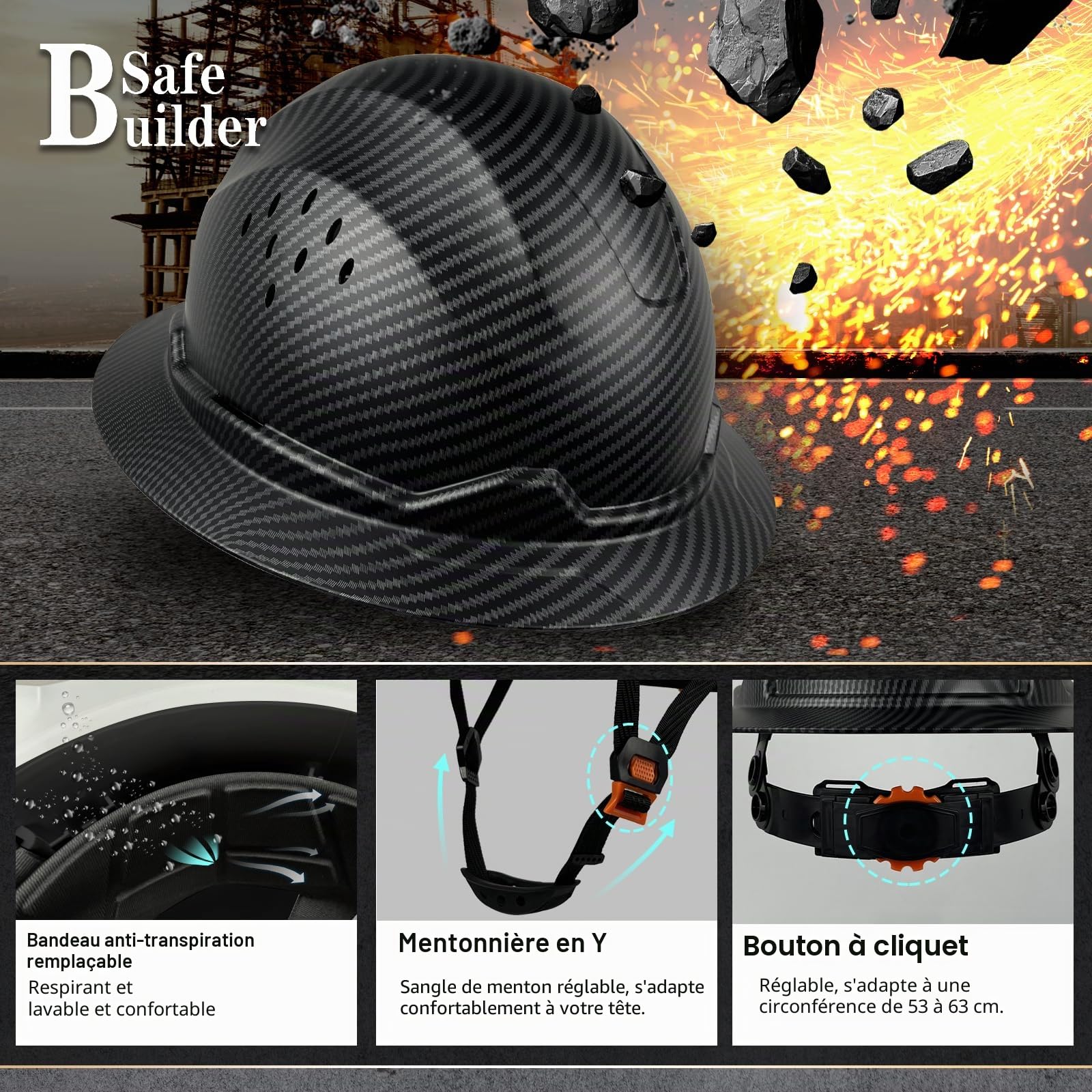 SAFEBUILDER SBD-G1C Casque de sécurité à bord complet en polyéthylène haute densité ventilé avec pare-soleil Motif fibre de carbone Travail industriel Certifié ANSI/ISEA Z89.1