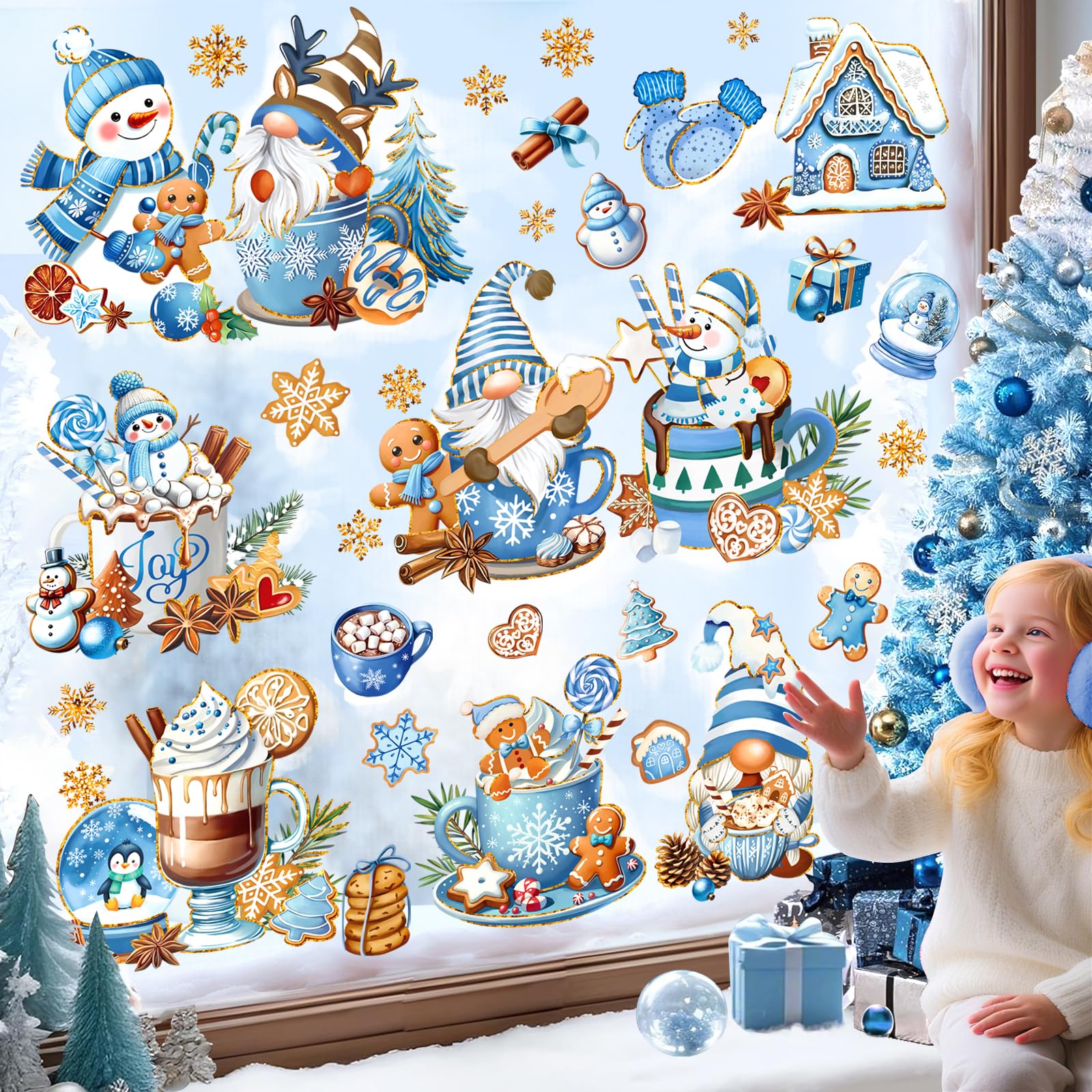decalmile Blue Winter Gnomes Double Sided Window Clings Reusable Christmas Gingerbread Man Cookies Snowman Snowflake Anti-Collision Glass Doors Window Stickers Decals