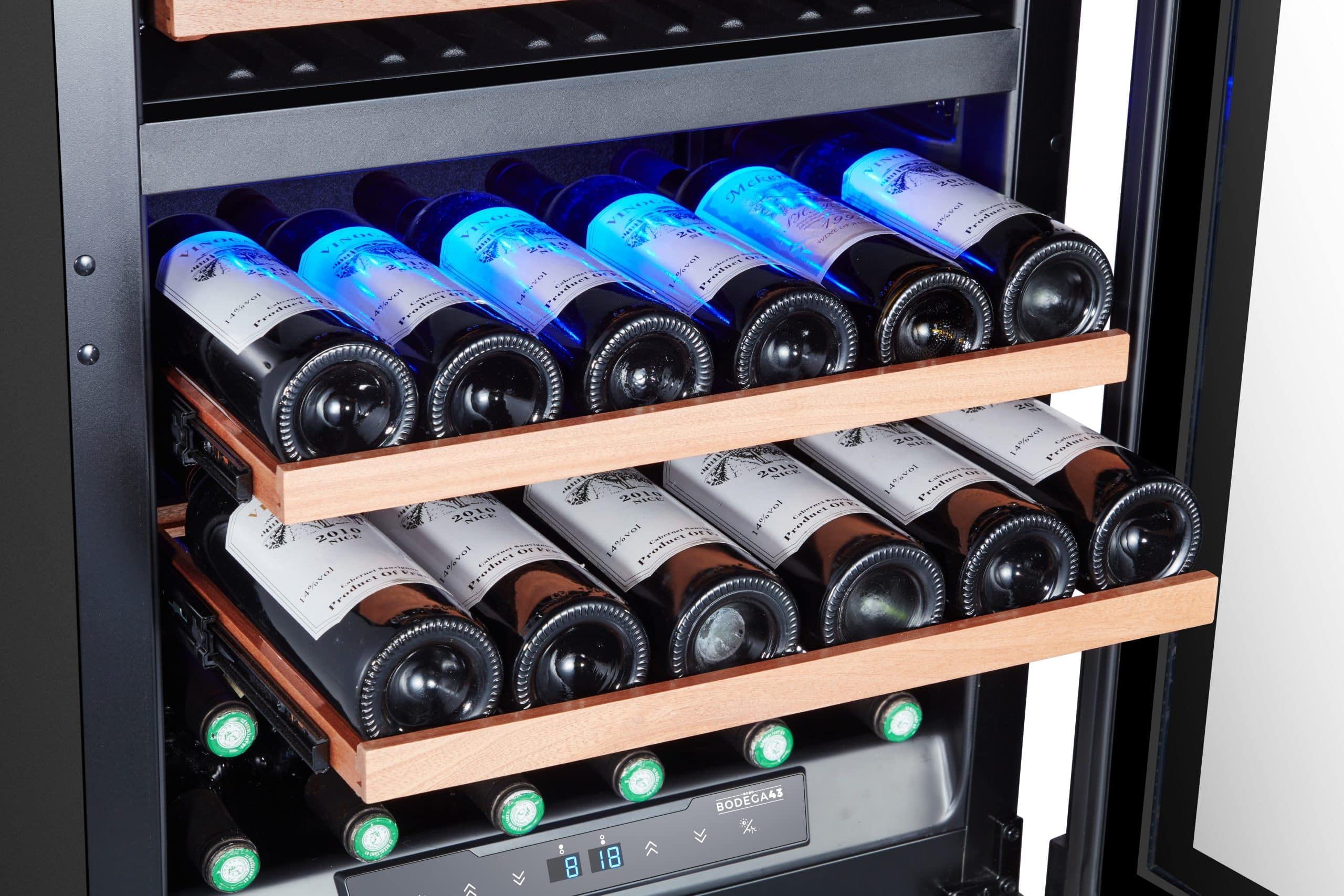BODEGA43-42 Einbau Weinkühlschrank 2 Zonen digitales Temperaturdisplay 42 Flaschen Vollglas-Designtür 40 dB 5 Ausziehbare Schubladen Birkenholz