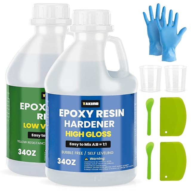 TAKIMO 68OZ Crystal Clear Epoxy Resin Kit - 1 1 Mixing Ratio Bubble Free Anti-Yellowing - High Gloss