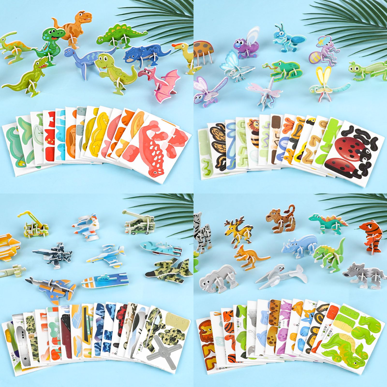 CCINEE 100 Pcs Educational 3D Cartoon Puzzle Toys for Kids,3D Animal Dinosaur Airplane Insect Learning Educational Montessori Toys Paper Puzzle Game