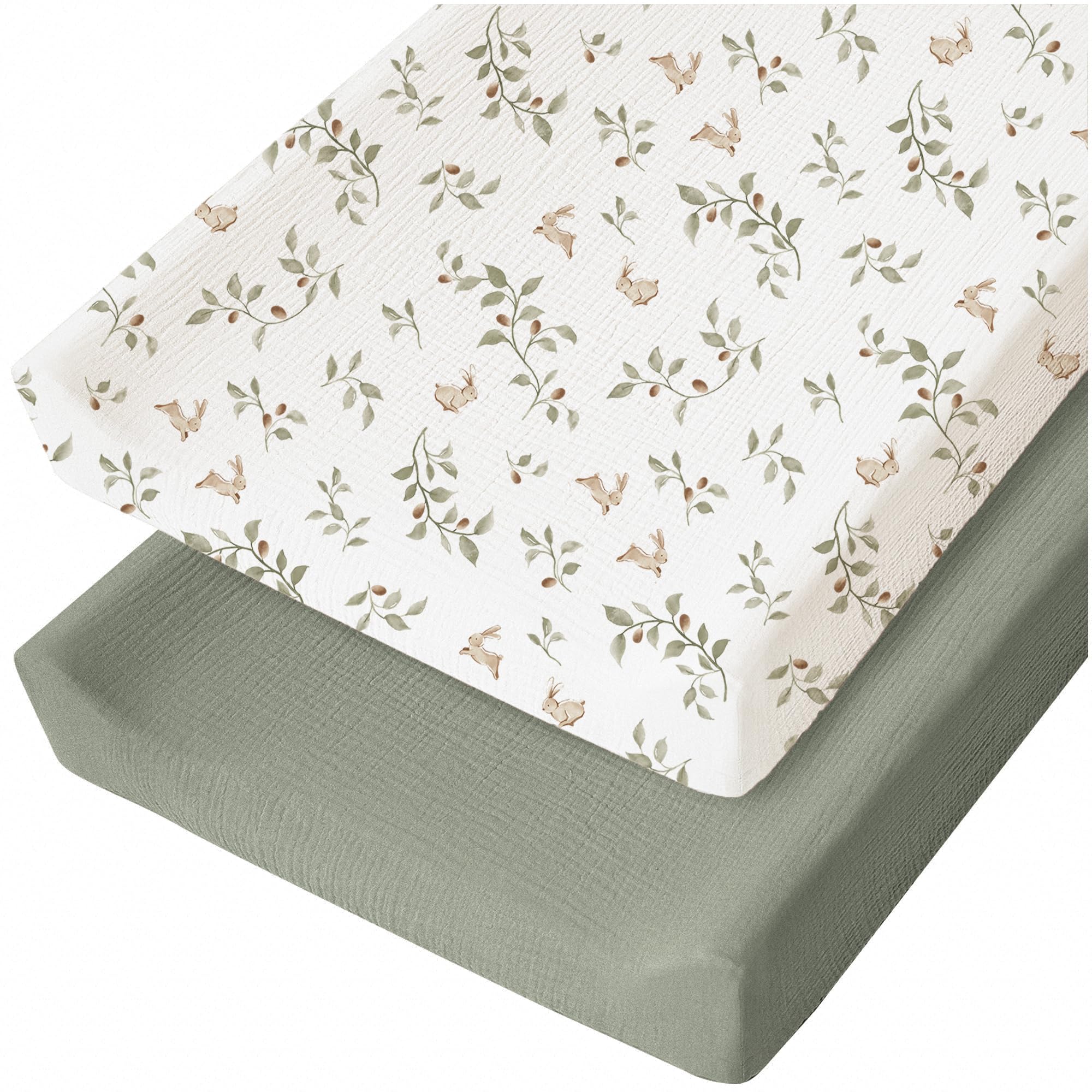 Konssy 2 Pack Muslin Changing Pad Cover for Baby Girls Boys 100% Cotton Fitted Diaper Changing Table Cover Set, Soft Changing Pad Sheets (Rabbit,Fog