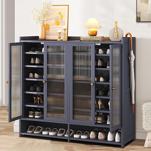 Miniatura 6 de Gabinete de almacenamiento de zapatos de bambú, armario de zapatos de 8 niveles con puertas, estante independiente para zapatos deportivos para