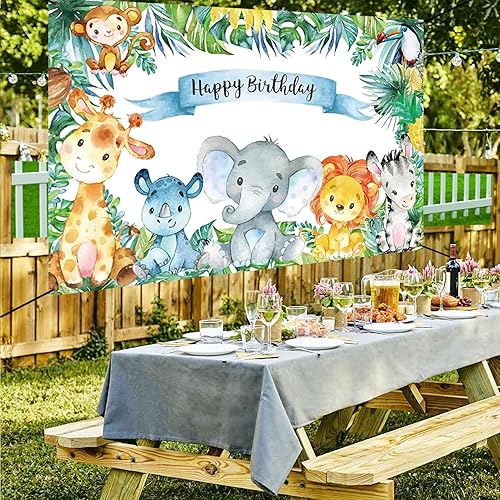 Miniatura 2 de Renaiss Cartel de feliz cumpleaños de 6 x 3.6 pies, decoración de fiesta infantil de animales salvajes de safari, selva tropical, decoración para