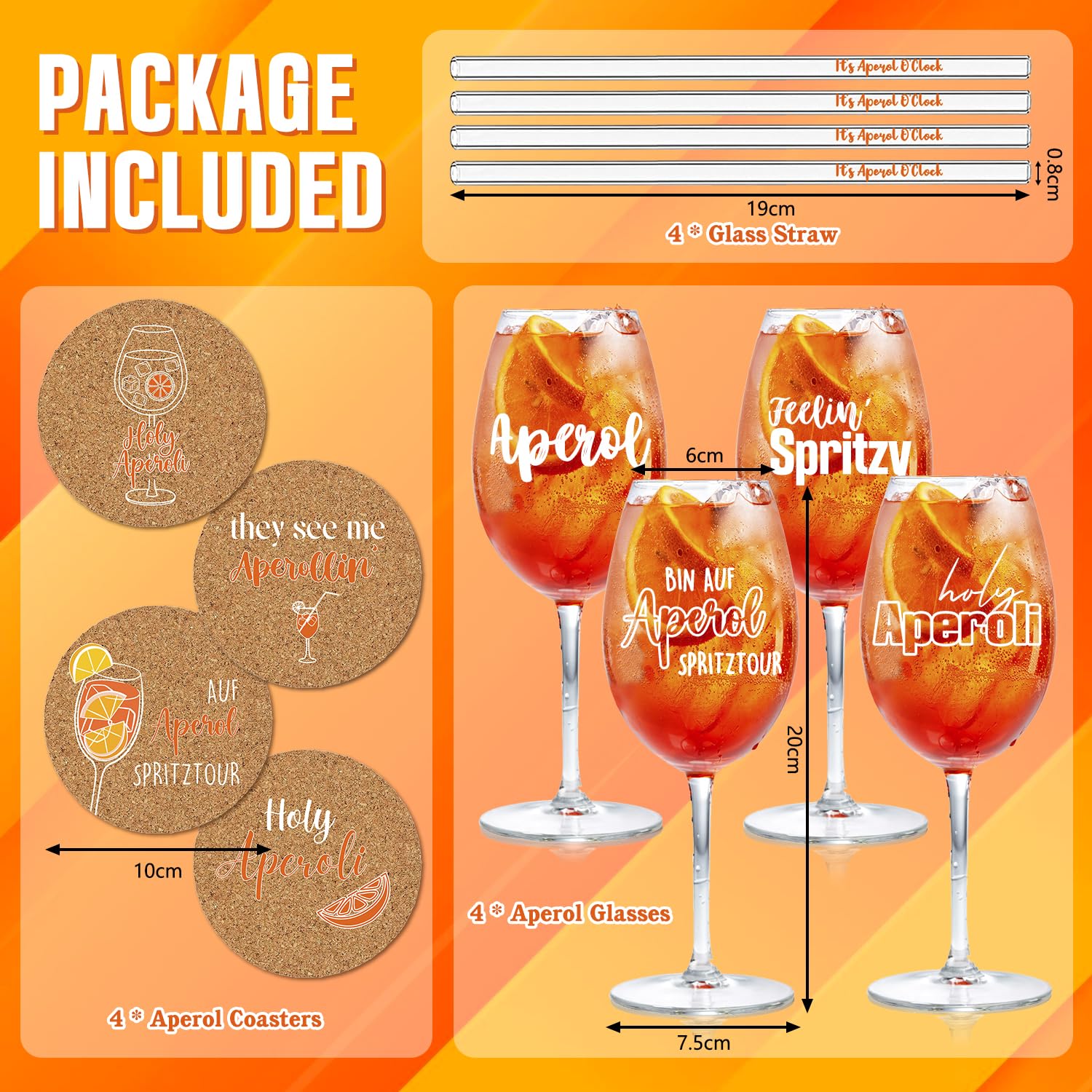 4er Set Aperol Spritz Gläser Geschenkset - Premium Aperol Gläser∣It’s Aperol O’Clock Glasstrohhalme∣Korkuntersetzer, Ideal Geeignet für Aperol-Fan (Aperol)