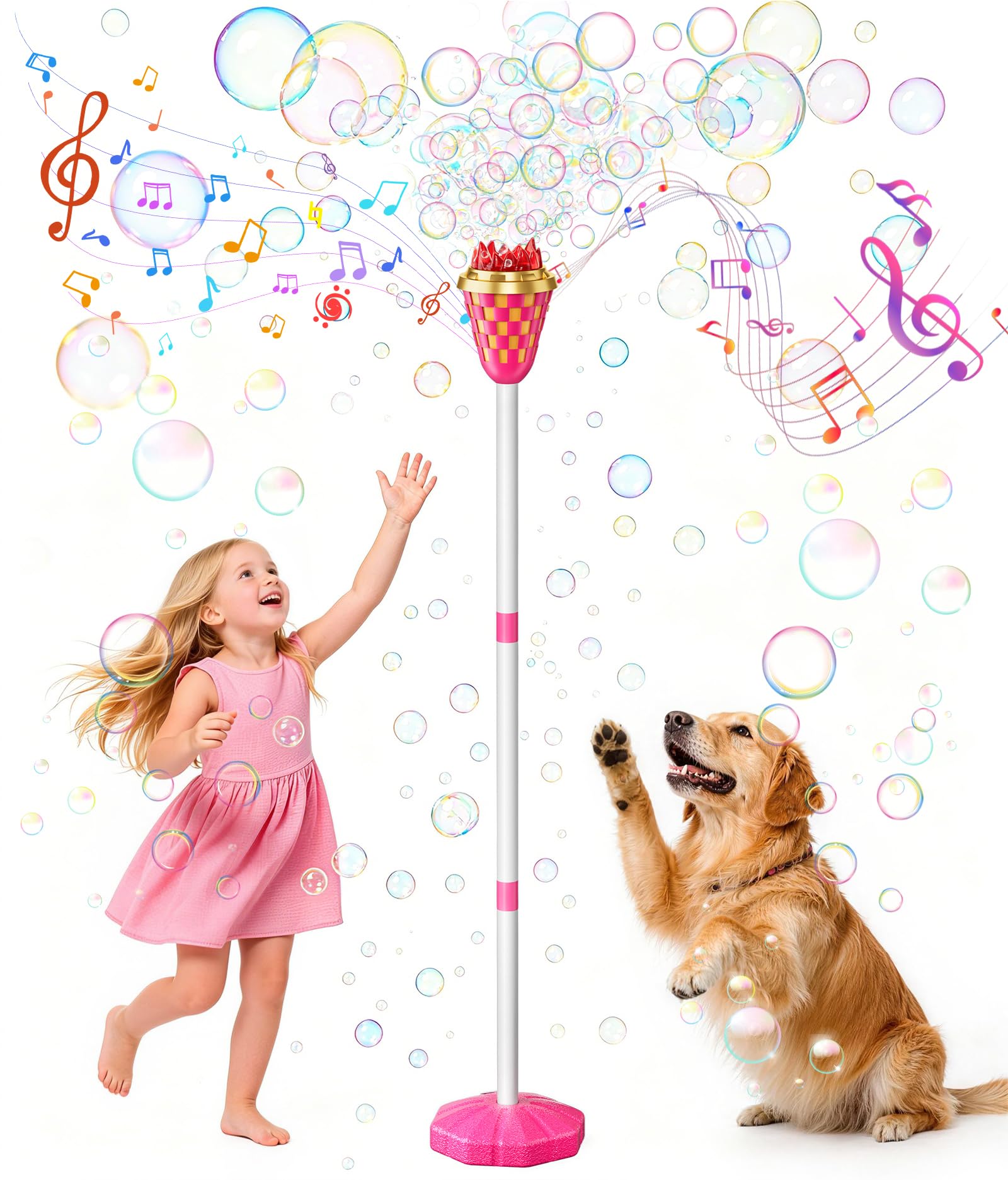 Torch Bubble Machine for Kids, 2-in-1 Standing Bubble Blower with LED Music