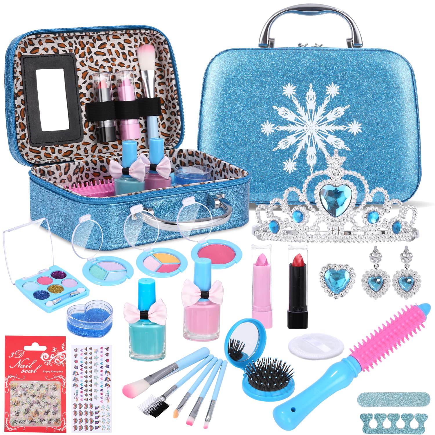 Zawaer Maquillaje para Niñas 32 Piezas, Set Maletin Maquillaje Niñas Lavable, No Tóxico Seguro, Tocador de Kit Maquillaje Princesa, Navidad, Regalo de Cumpleaños, Adecuado Mayores de 4 5 6 7 8 Año