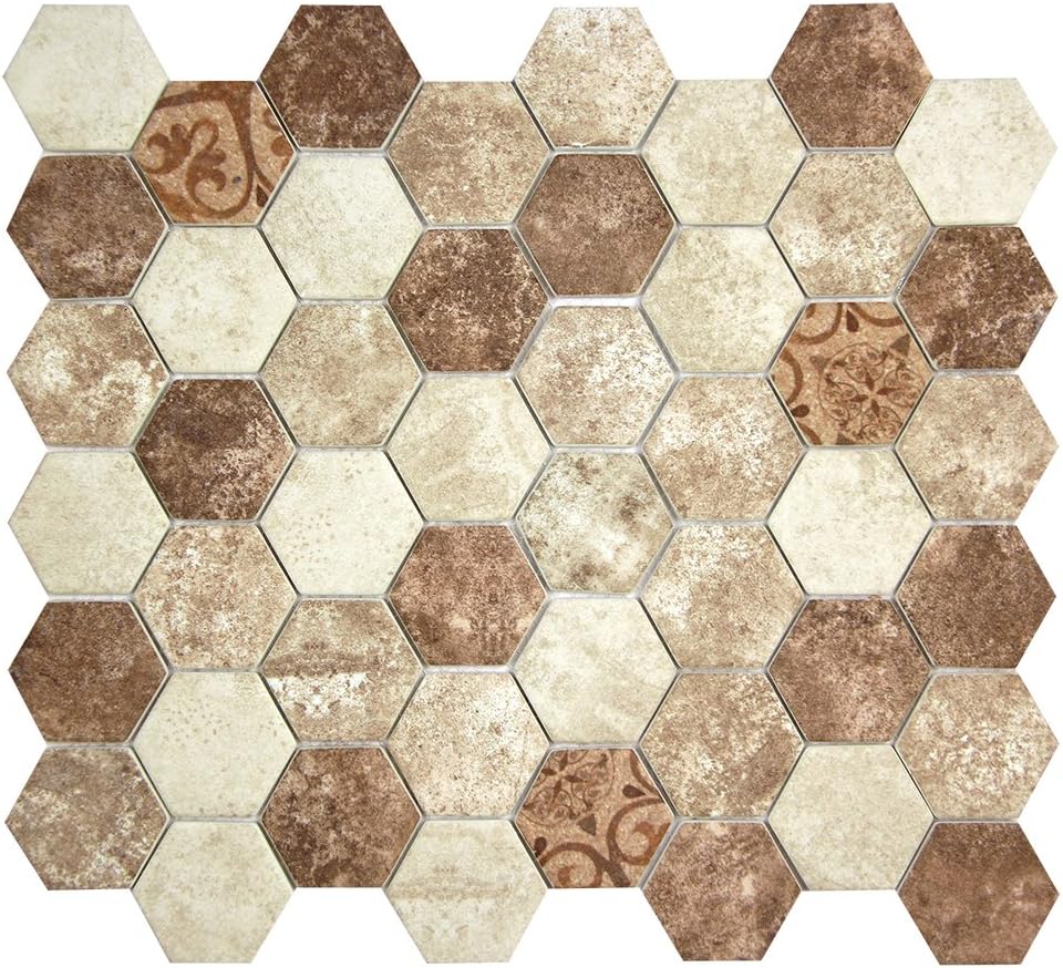 Hexacycle Tan Noce - Patterned Brown and Beige Hexagon Recycled Glass Tile for Backplashes, Wall, Floors (4 x 6 Inch Sample)