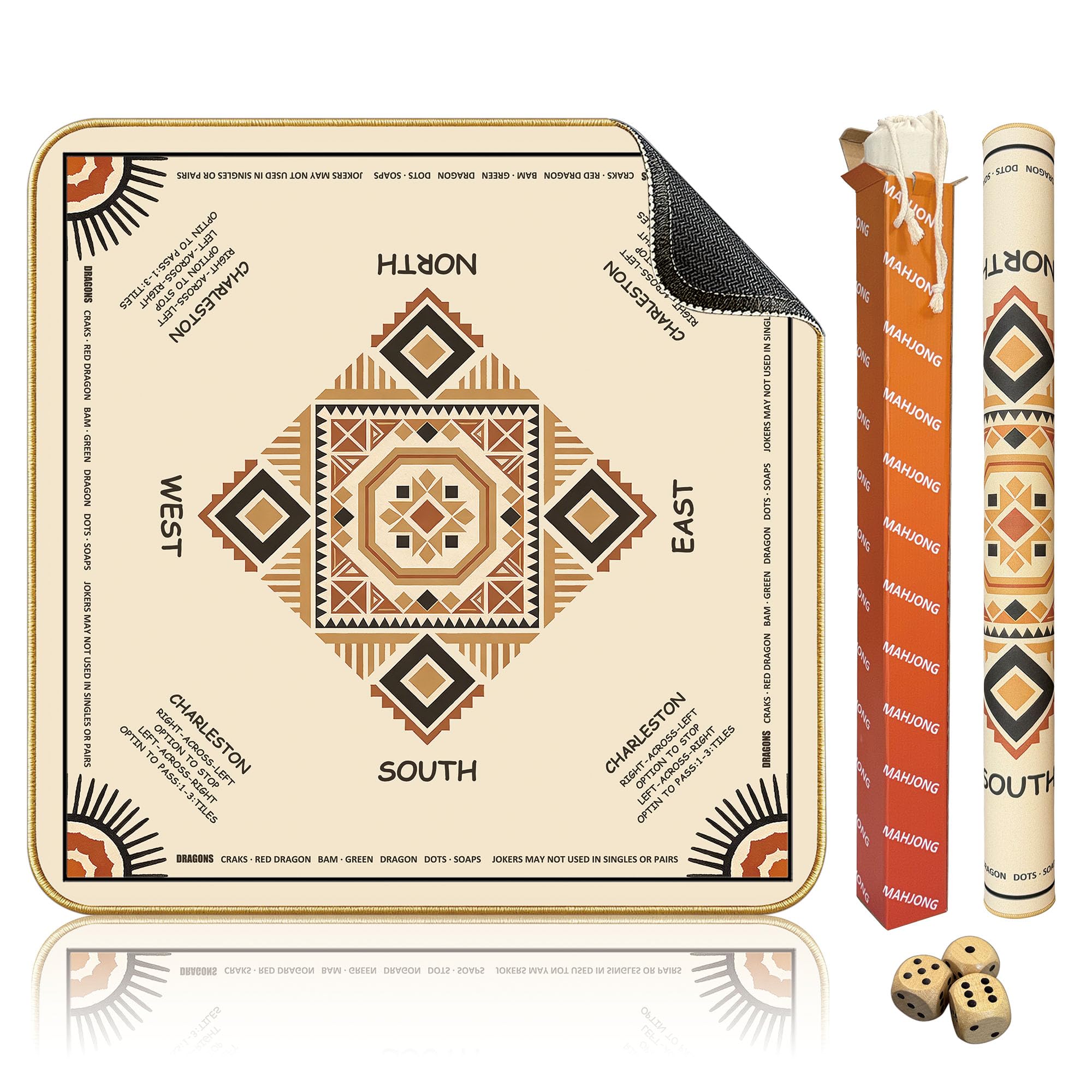 Tapete portátil de mahjong con reglas (33 x 33 pulgadas), tapete de juego de estilo étnico, antideslizante, sin arrugas, funda de goma con bolsa de cordón y 3 dados para póquer, cartas