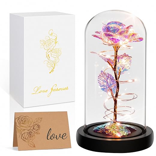 Valentines Day Gifts For Her,Valentines Rose Flower Gifts For Women,Valentines Gifts Birthday Gifts,Valentine's Day Roses Gifts For Mom Girlfriend Wife,Colorful Rainbow Light Up Rose In A Glass Dome