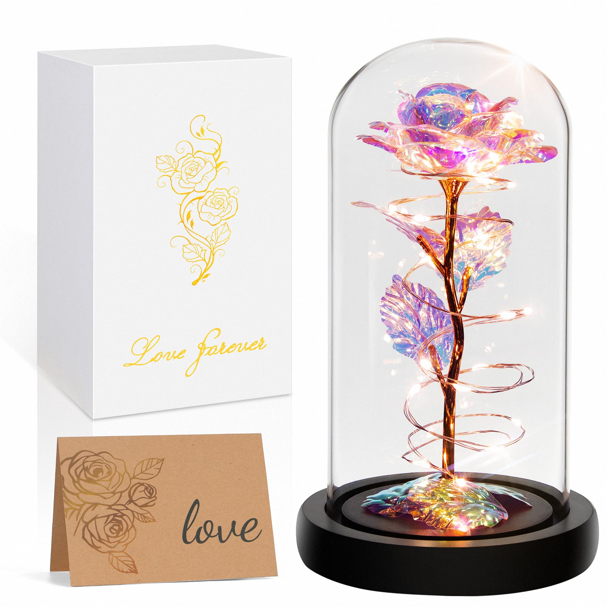 Valentines Day Rose Gifts for Her,Birthday Gifts for Women Mom Mothers Day,Flowers for Delivery Prime,Colorful Light Up Rose in A Glass Dome,Anniversary Valentines Roses Gift for Wife Daughter