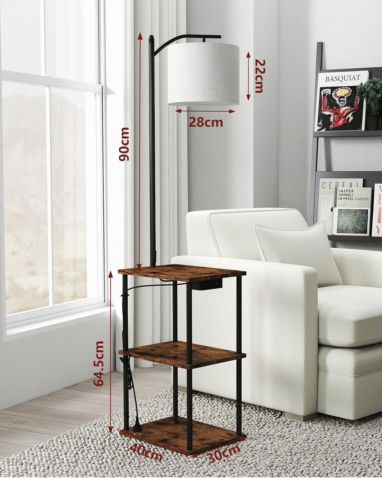 Lampara de Pie con Mesita Regulable Lectura Salon Madera Negra, Lamparas de Pie Para Salon con puertos USB y Taye - C, Floor Lamp for Living Room multifuncionales y modernas