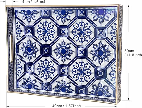 Rectangular - Plastic Decorative Tray with Handles Modern Vanity Serving For Ottoman, Coffee Table, Kitchen And Bathroom 15.7 x 11.8 Inch (Blue white porcelain)