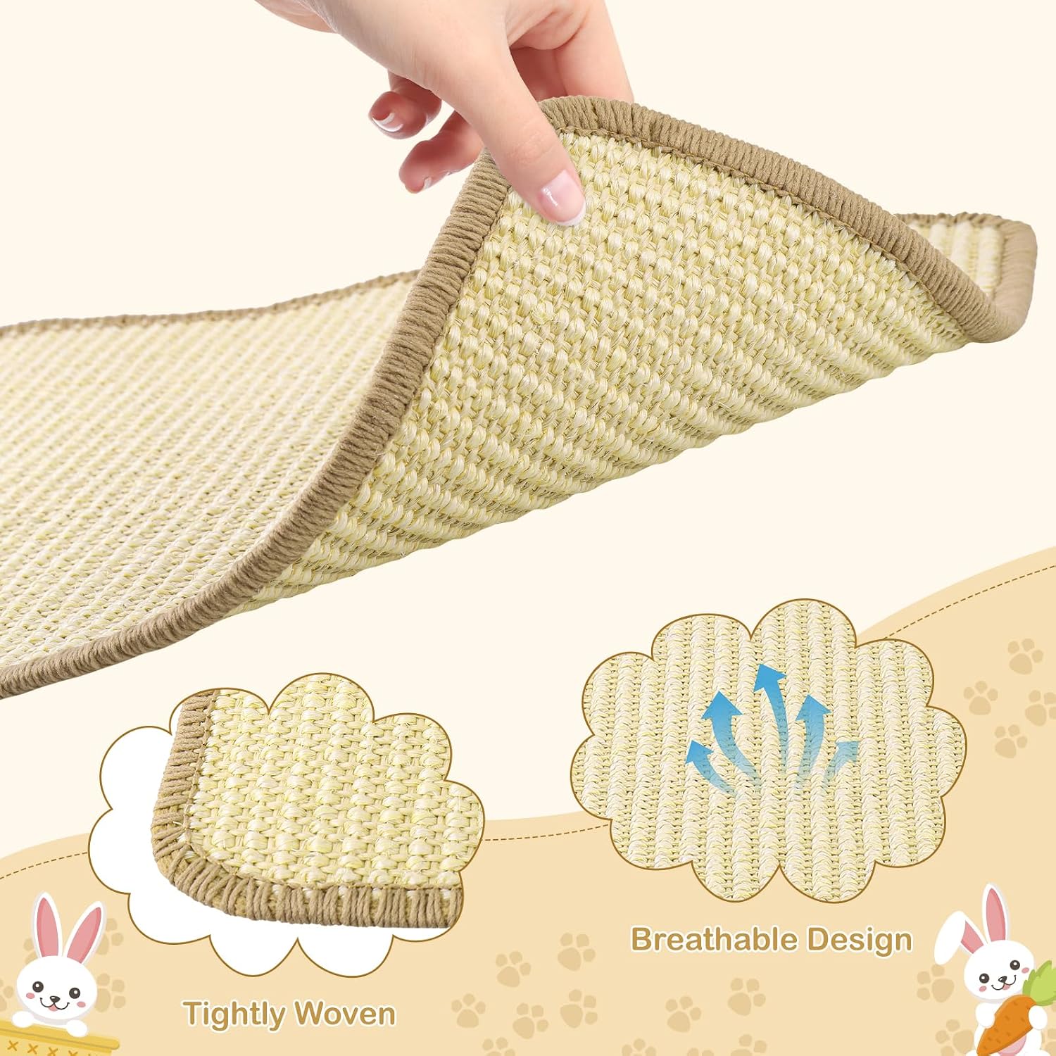 2 Pack Natural Sisal Rabbit Scratch Mats for Cage, 16 x 12 Inches | Reversible Bunny Scratch Pads and Cage Floor Mats, Designed as Enrichment Toys for Indoor Rabbits to Scratch, Rest and Play