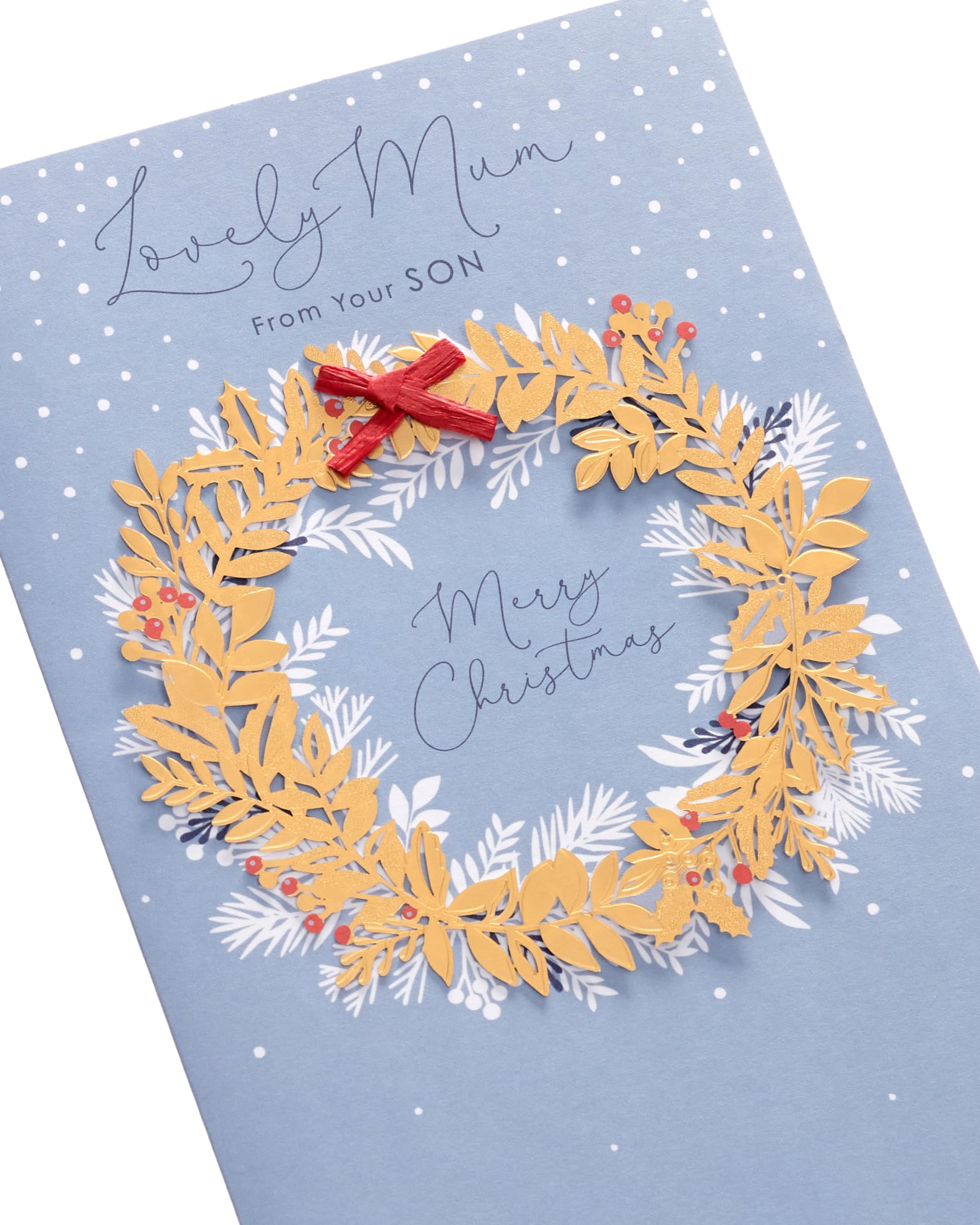 UK Greetings Christmas Card for Mum from Son - Blue & Gold Wreath Design, 149 mm x 229 mm - Image 4