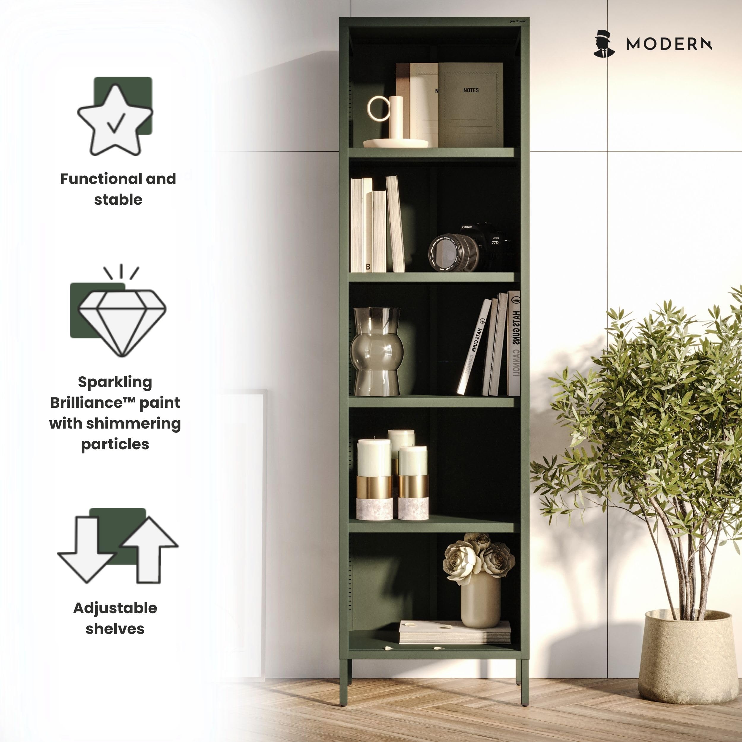 Jan Nowak Estanteria Salon - Mario | 4 Estanterias Regulables (4 x 30 kg), Superficie Brillante | 50 x 180 x 35 cm | Librero Estanteria Habitacion, Librería Vertical