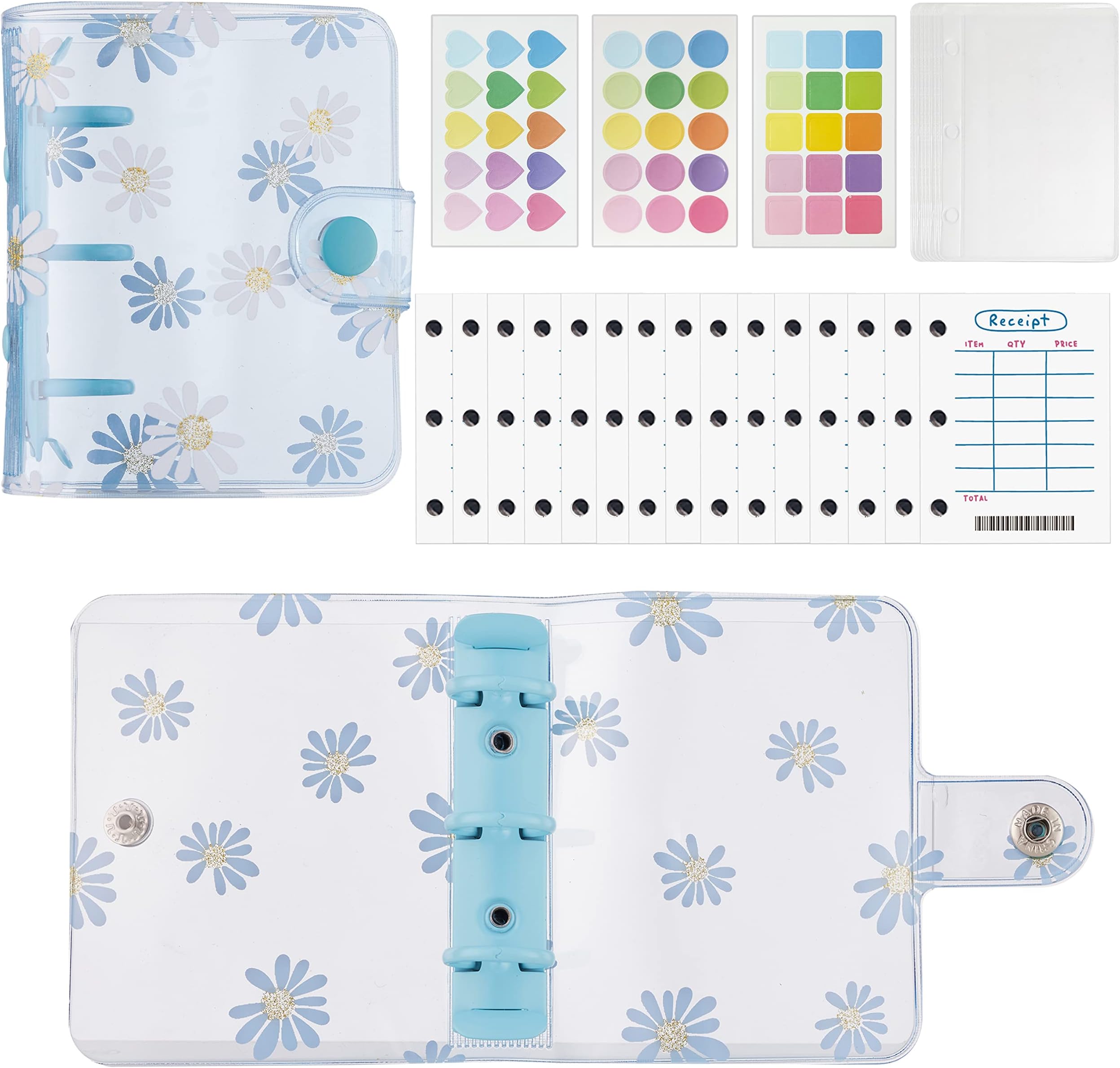 HarphiaMini Budget Binder with Zipper Envelopes & Expense Budget Sheets,Transparent Money Binder with Cash Envelopes for Budgeting and Saving Money Pocket Binders Blue Daisy 148-Blue